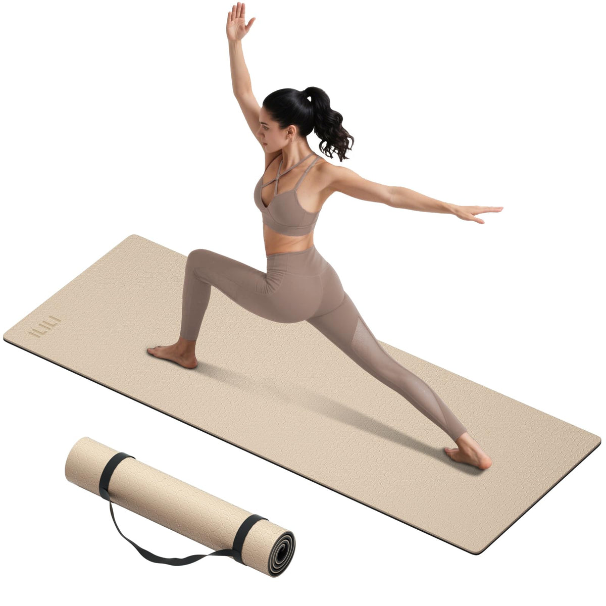 ILILI Yoga Mat 10mm Extra Thick and Extra Long, 76x28×0.4 Inch, Double Color Non-Slip TPE Material, Easy Carrying with Strap, Ideal for Yoga, Pilates, Floor Exercise, Home and Outdoor Use, Eco Friendly (Beige+Black)