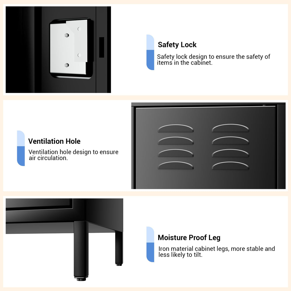 PhoenixCrest Metal Locker with 3 Doors & 9 Hooks, Heavy Duty Steel Storage Locker for Gym, Home, Office, School, Ventilated Design with Privacy Vents, Easy Assembly, Black