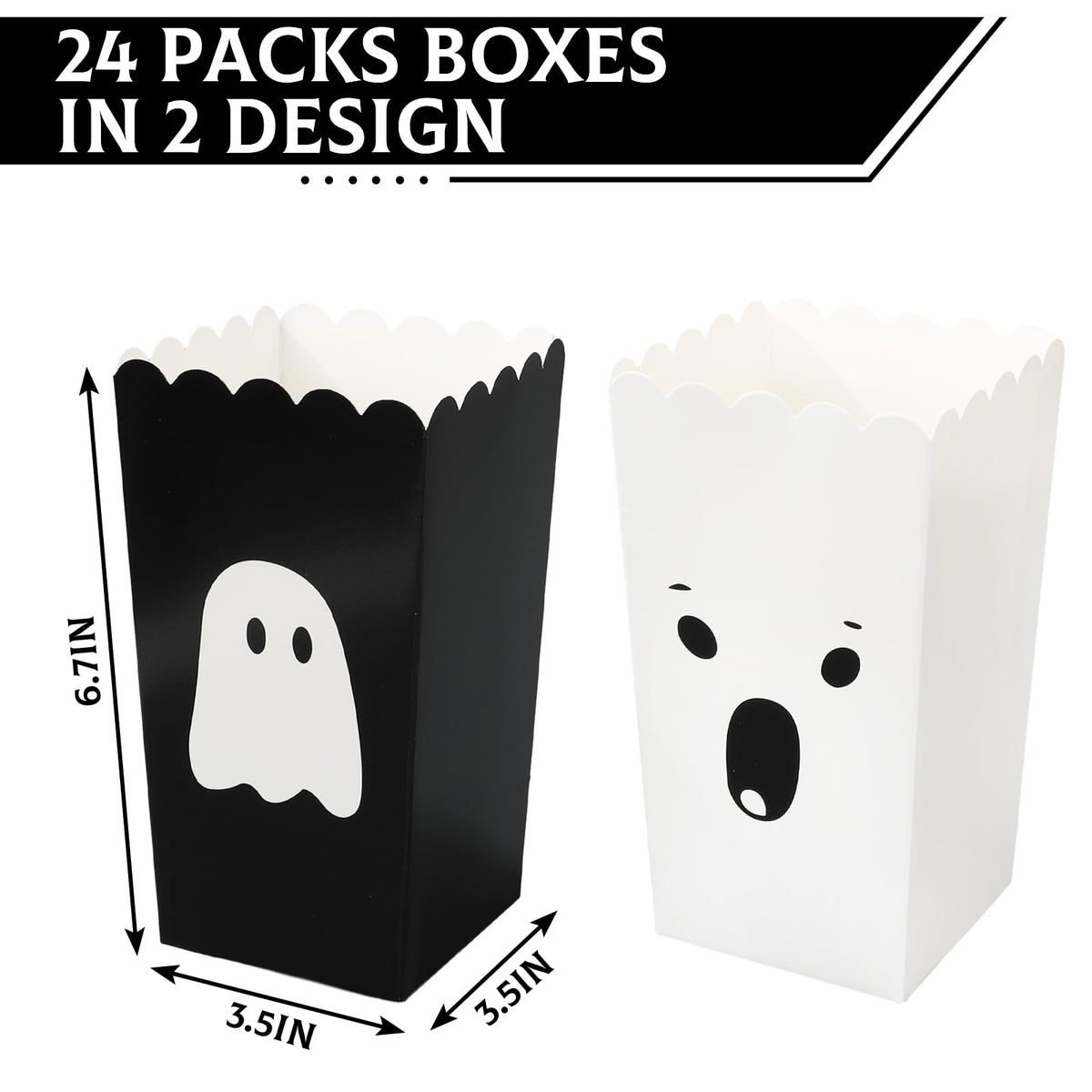 Whaline 24 Pcs Halloween Mini Popcorn Paper Boxes Cardboard Black&White Cute Ghost Popcorn Containers for Halloween Party Home Office Class Movie Night Decor