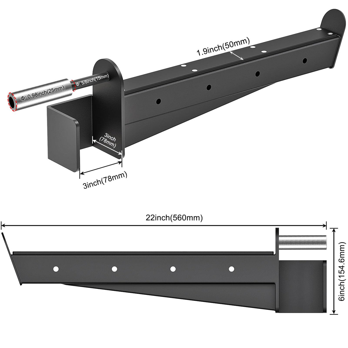 Kipika Safety Spotter Arms for 3" x 3" Power Racks with 5/8" & 1" Holes - Heavy Duty Barbell Safety Catches with Rubber Pad - Adjustable and Easy to Install - Set of 2