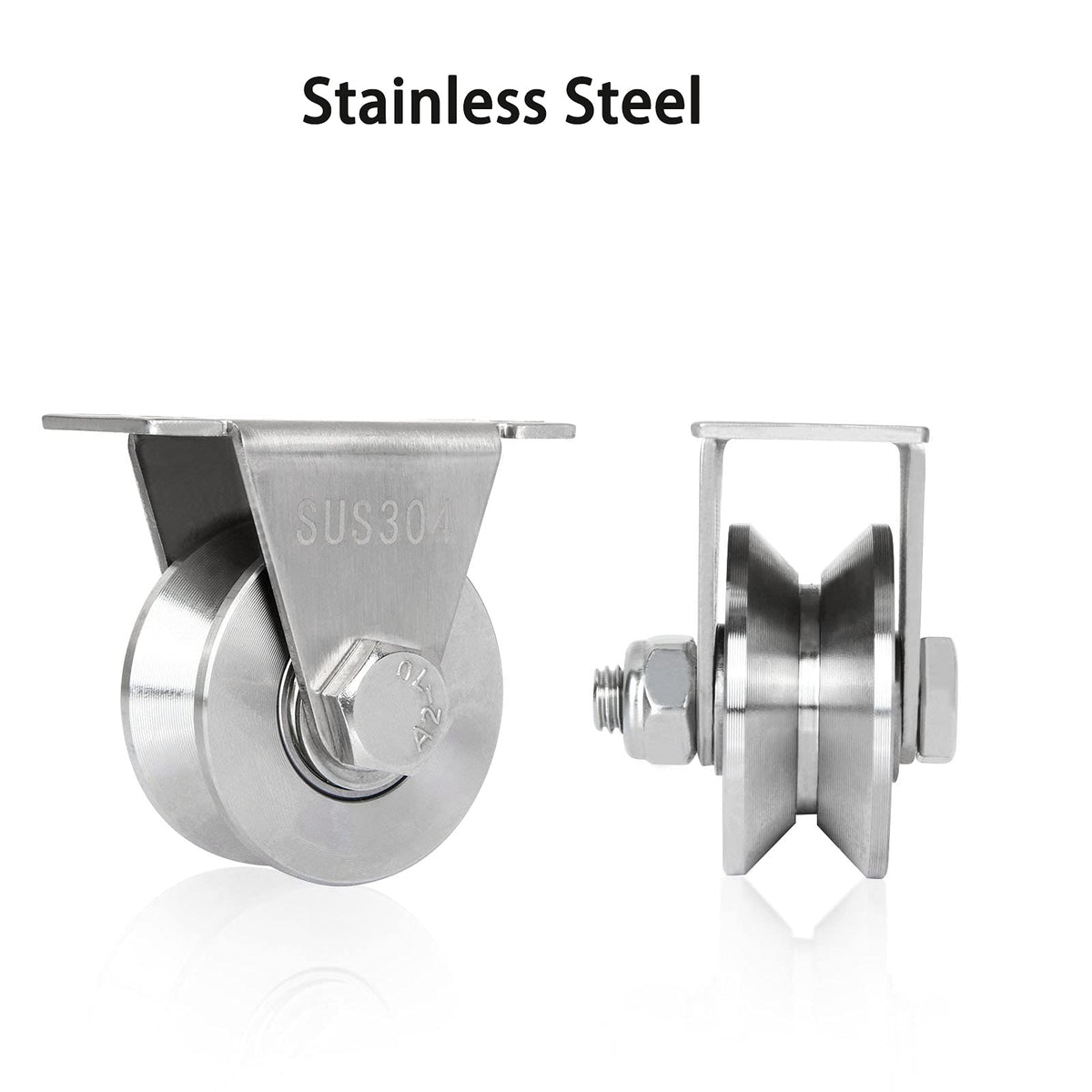 CertBuy 2 Pack 2 Inch V Groove Wheel Pulley, 304 Stainless Steel Silent Pulley Block, Heavy Duty Caster Wheels Sliding Gate Rollers Pressure Bearing Pulley, Loading 880lb for Handling and Moving