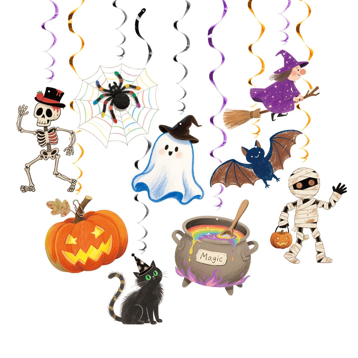 30Pcs Halloween Hanging Swirl Decorations Pre-Assembled Ceiling Streamers with Ghost Pumpkin Spider Skull Cutout Decor for Halloween Birthday Party Baby Shower Office School Home Decorations