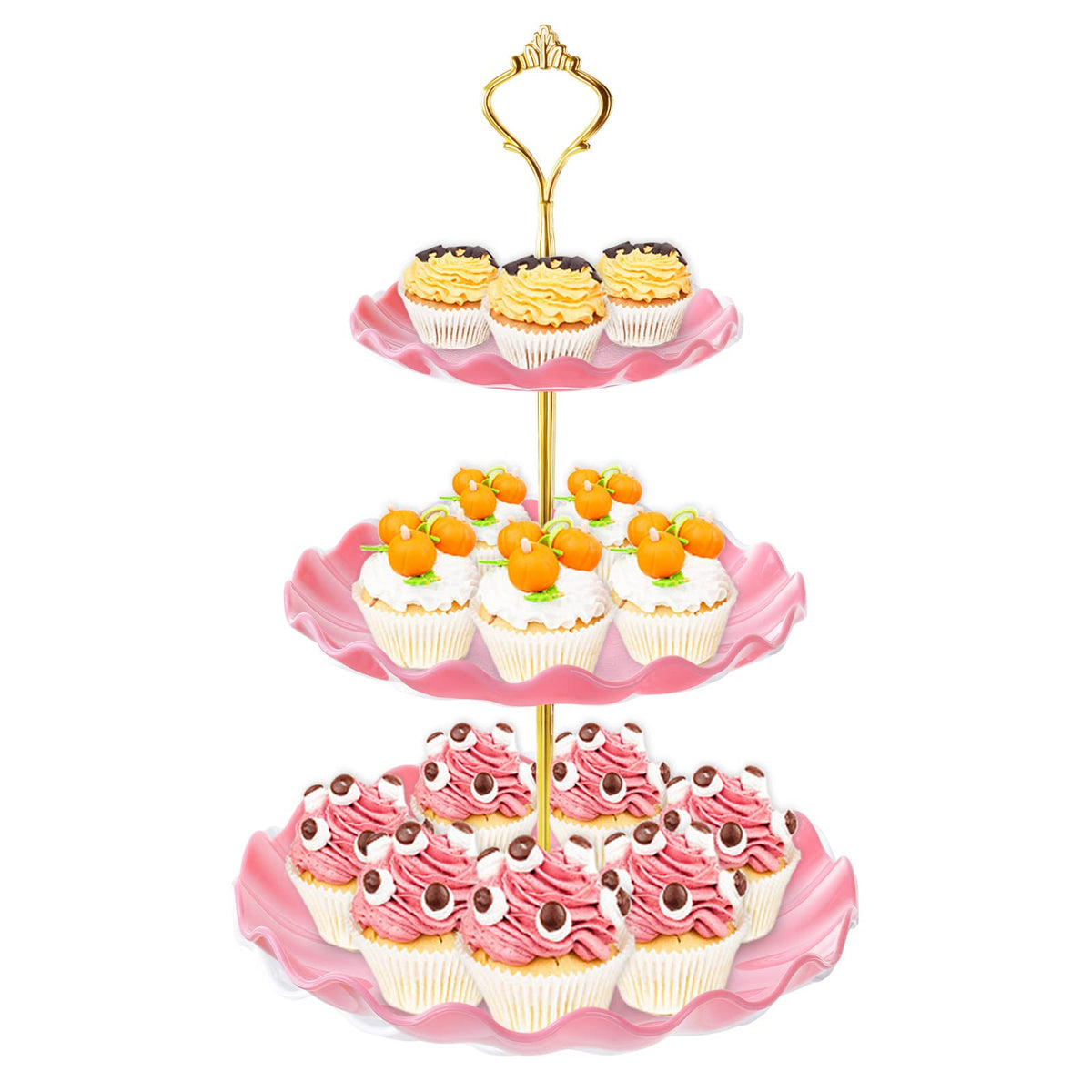 3 Tier Cupcake Stand Holder, BACUTHY Plastic Cup Cake Stand Tower with Tiered Serving Tray for Cupcakes, Donuts, Fruits and More, Pink