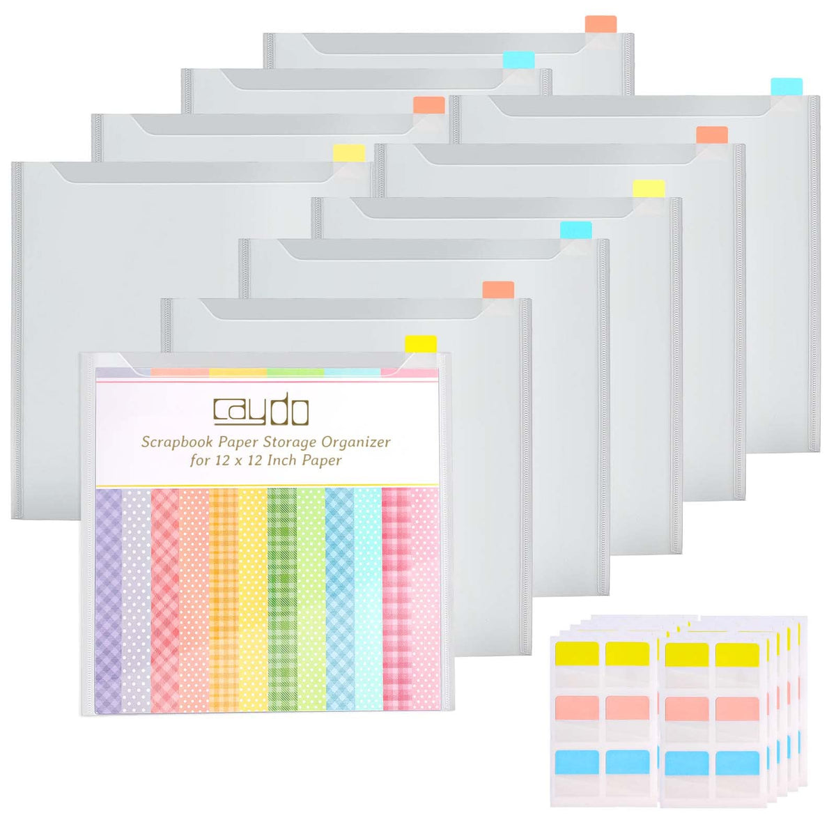 Caydo Scrapbook Paper Storage Organizer with 60 Sticky Index Tabs, 10 Pack Plastic Paper Storage Bag for Holding 12 x 12 Inch Scrapbooking Cardstock Vinyl File