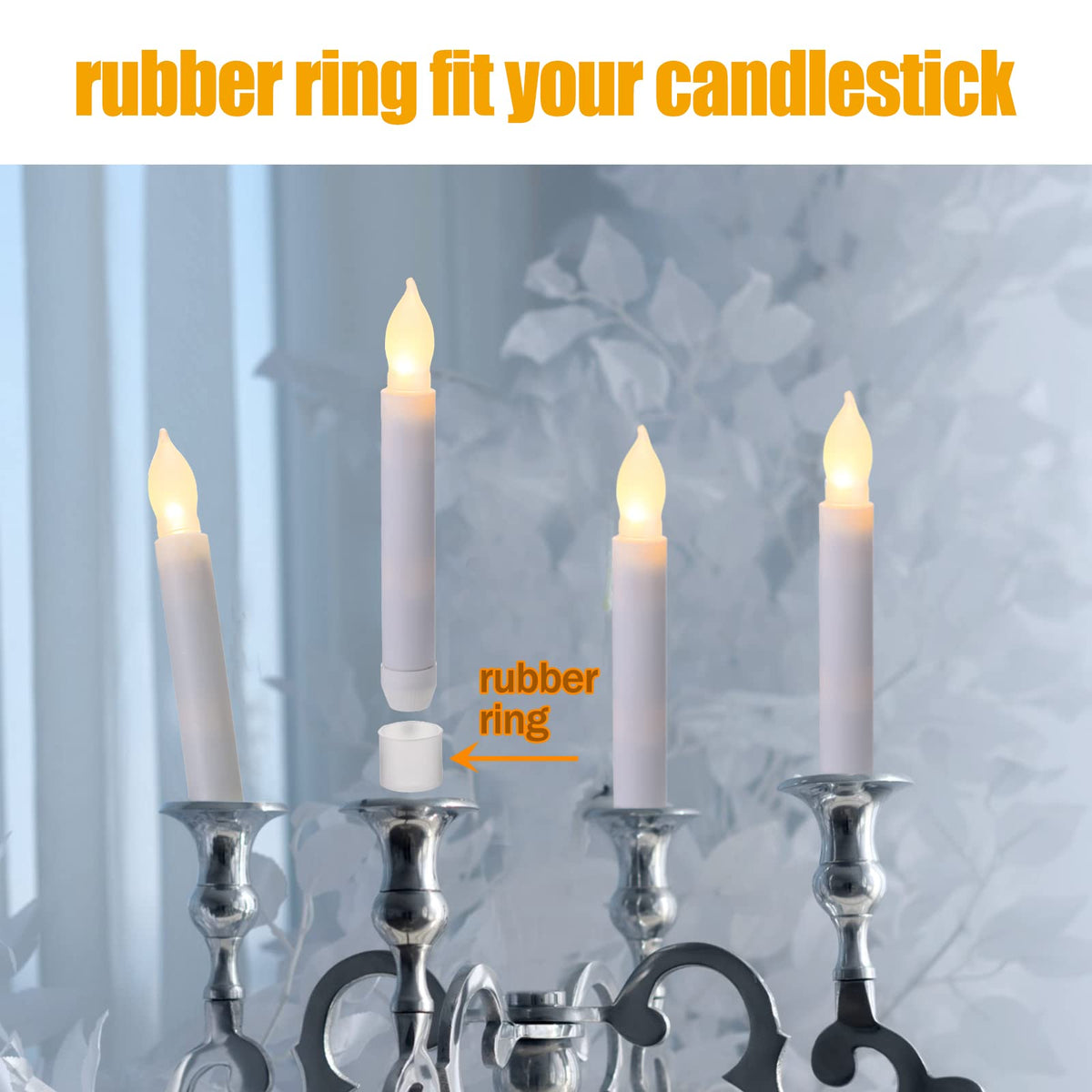 Remagr 12 Pcs Wedding Flameless LED Taper Candles - Floating, Hanging, 6.5 Battery Operated with Flickering Effect & Rubber Ring for Halloween Christmas Decor(Warm White)