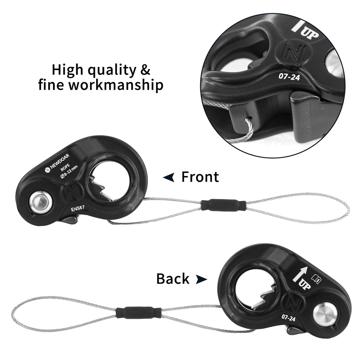 NewDoar Rope Ascender Lightweight Rope Clamp Ascender Riser Adjuster Fits 8-13mm Rope Self-Locking Grip for Rock Climbing,Protection Rescue,Rappelling,Gear Equipment(Black,Serrated Teeth)