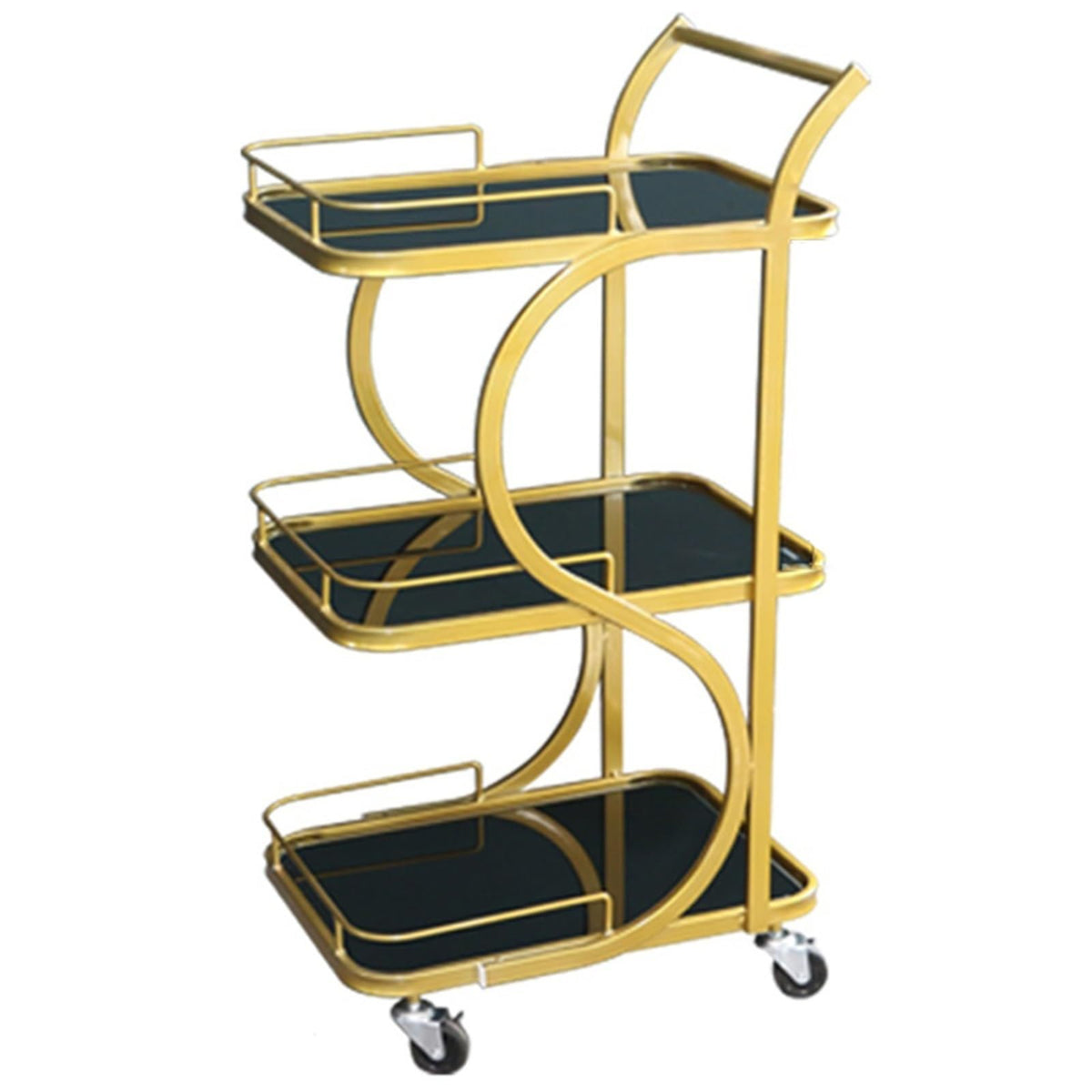 FGQuelleBM Nordic 3-Tier Serving Cart, Minimalist Mobile Snack with Handles & Wheels, Glass Top & Metal Frame for Office/Kitchen(Gold Black,84 * 45 * 34cm)