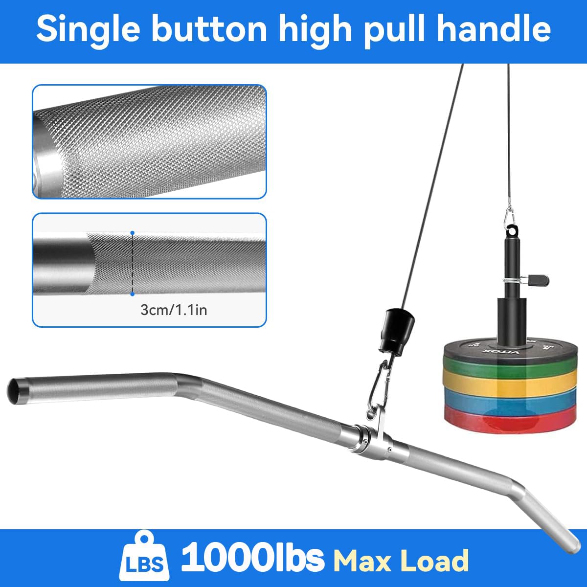 Cable Machine Attachment,lat pull down bar， Tricep Straight Bar, V Bar, LAT Pulldown Attachments，gym attachments for cable machine， Accessories Load 1000lbs (38.1in length bent rod)