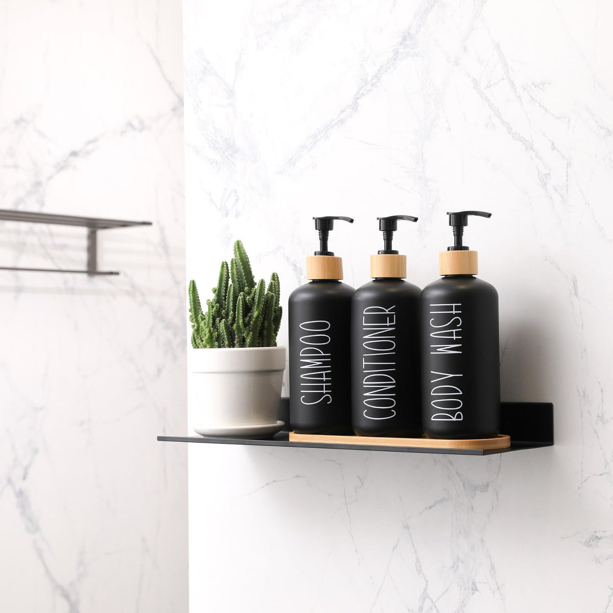 MOMEEMO Black Shower Soap Dispenser Set, Contains 3 Extra-Thick PET Plastic Bottles with Bamboo Pumps, Shampoo Bottles Refillable with Pump Perfect for Guest Room Must Haves. (Black)