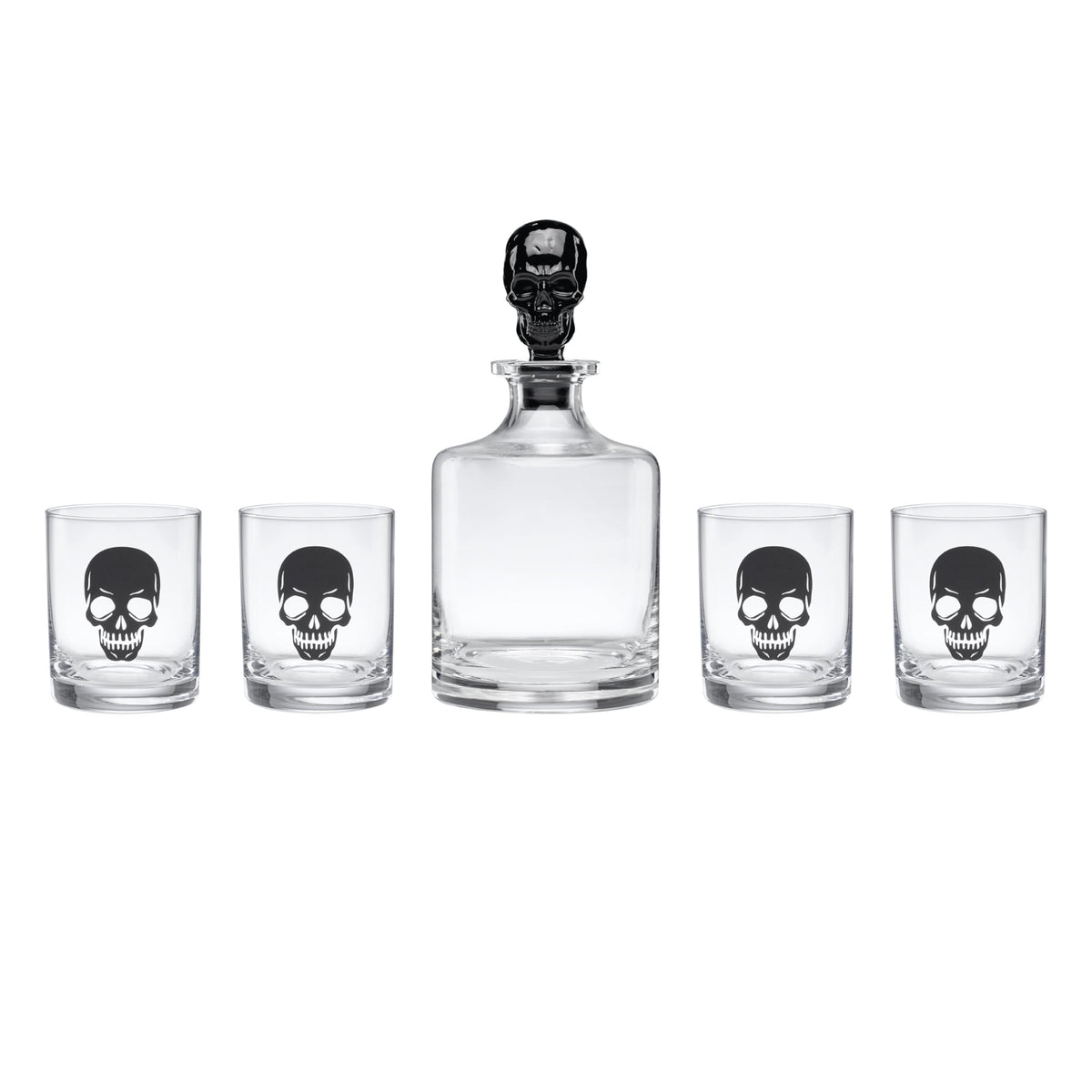 Oneida Barware, 5-Piece Skeleton Whiskey Set, 4 Drinking Glasses & 1 Decanter, Dishwasher Safe, Halloween Decor Indoor, Halloween Table Decorations for Party, Skeleton Themed (4 Glasses, 1 Decanter)