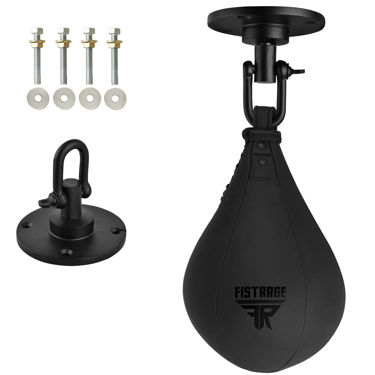 FISTRAGE Speed Ball Boxing Leather MMA Muay Thai Training Punching Dodge Striking Bag Kit Hanging Swivel Workout Speedball Kicking Platform (Black)