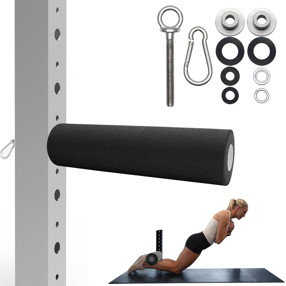Vatemechie Nordic Hamstring Curl Squat Rack Attachment for 2"x2"/3"x3"/2"x3" Power Rack with 1/2"/1" Hole, Quick-Connect Carabiner & Resistance Band Hook, 1" Thick Comfort Foam