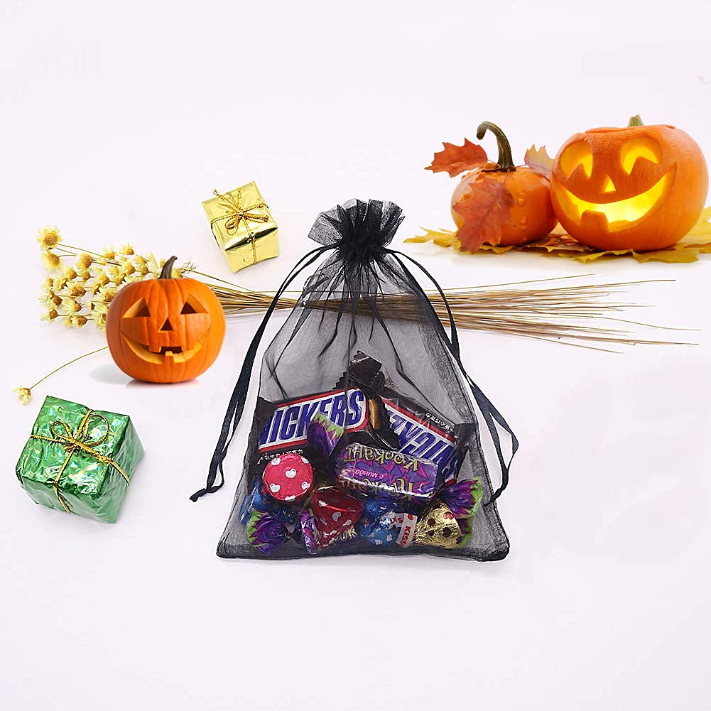 Bezall 50Pcs Organza Bags 5x7 Inch, Black Halloween Treat Bag with Drawstrings, Mesh Jewelry Gift Bags Funeral Party Favor Candy Pouches