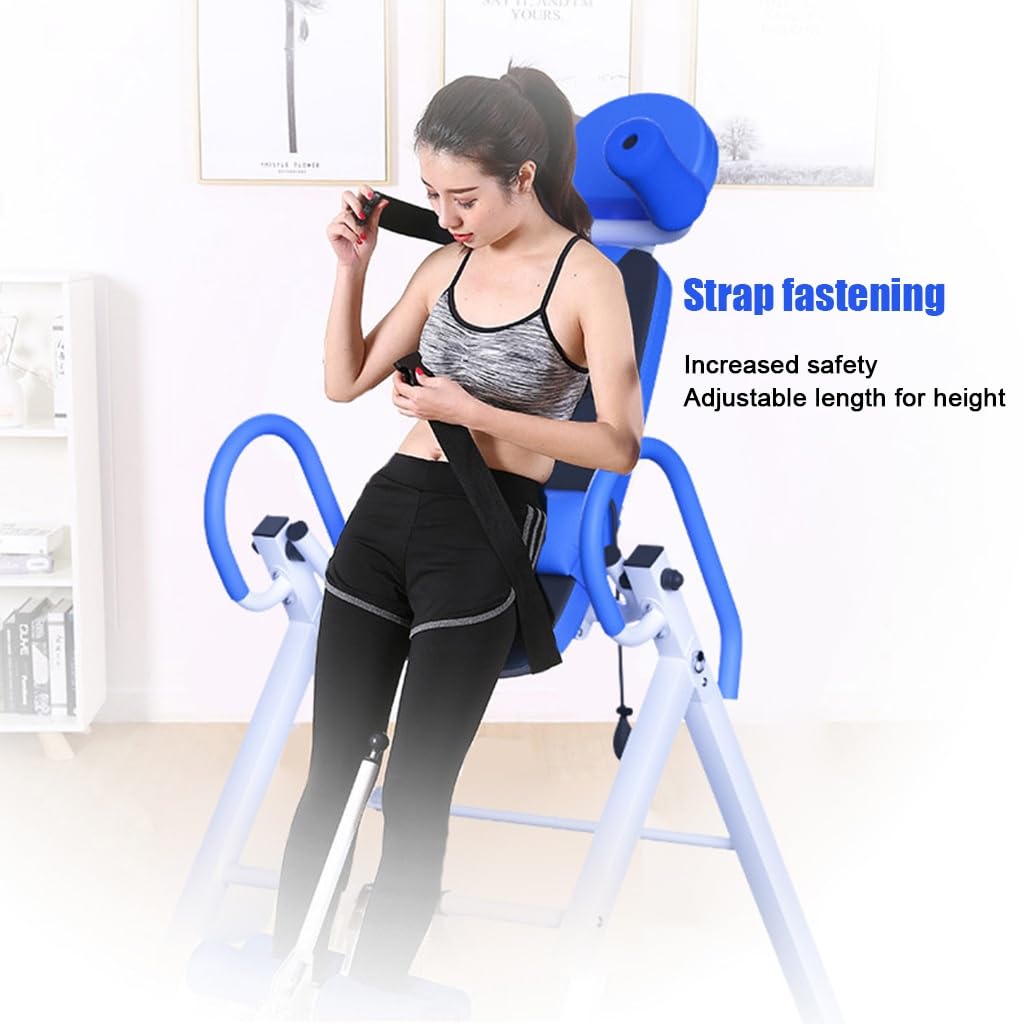 RIEJIN Gravity Heavy Duty Inversion Table with Headrest & Adjustable Protective Belt Back Stretcher Machine for Pain Relief Therapy(Color:Blue)