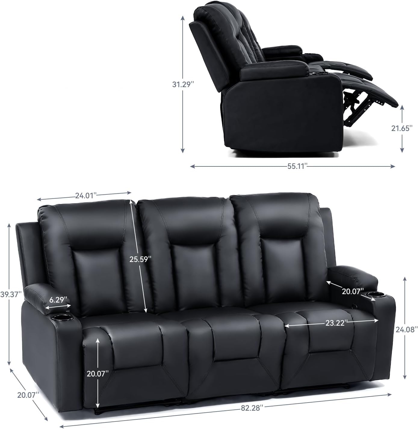 LUCKLIFE Leather Recliner Sofa Set with Manual Recliners,Living Room Furniture Set with Reclining Couch,Loveseat and Armchair,Living Room Chair with Cup Holders,Black (3+1)