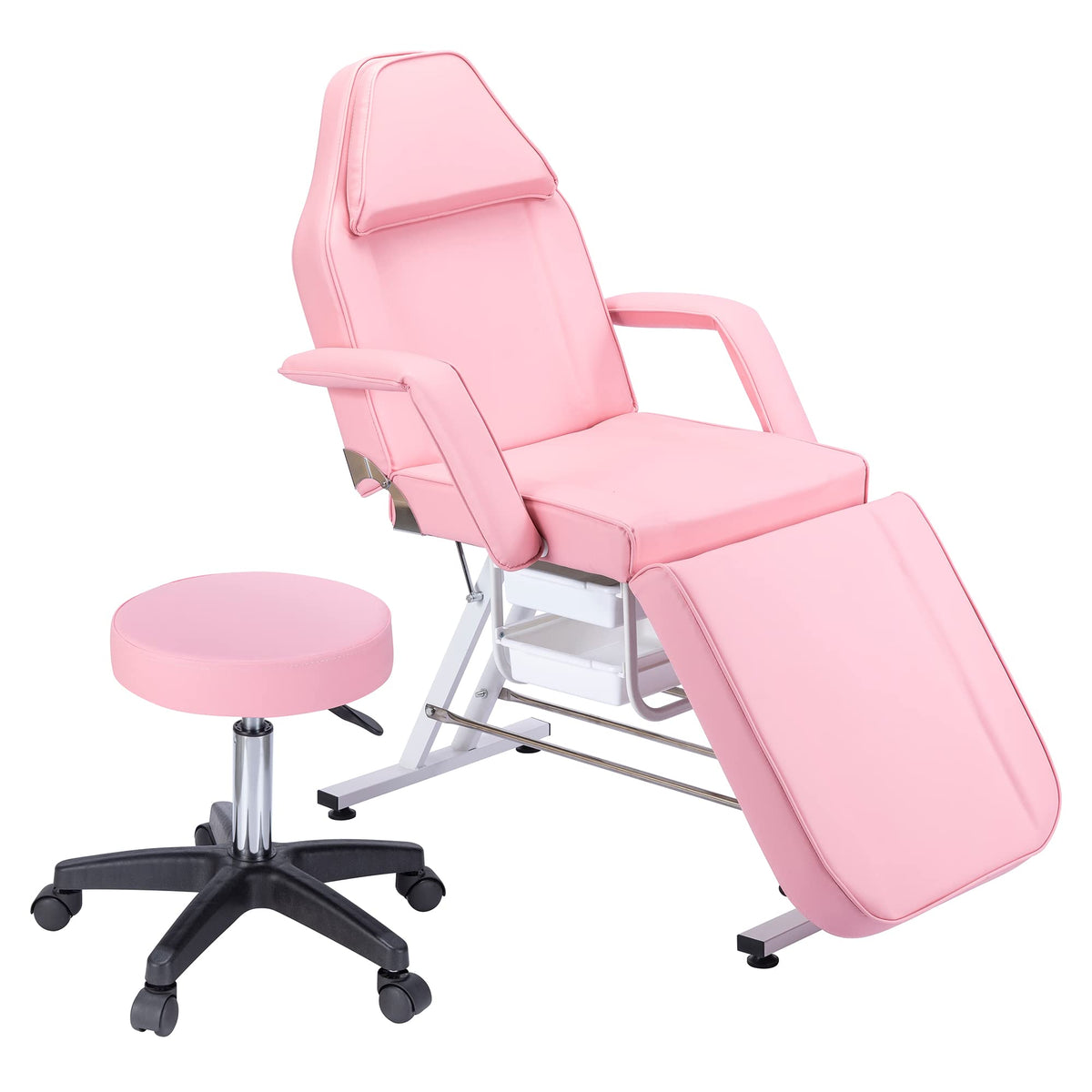 Dekitormi Massage Salon Tattoo Chair with Two Trays, 3-Section Facial Bed Table with Hydraulic Stool, Pink Adjustable Beauty Barber Spa Chair, Esthetician Bed for Massage, Facial, Waxing