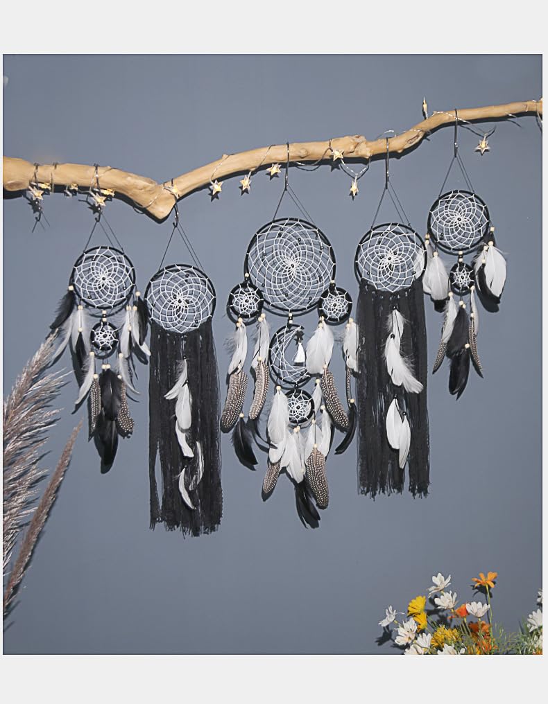 5 Pack Moon Phase Dreamcatcher Set Boho Wall Decor for Witchy Gifts,Macrame Decor with Feathers Hanging for Home, Bedroom, Living Room (Camel)