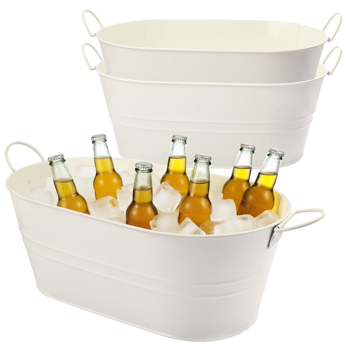 Biugaaufai 3 PCS 15.3 x 9 x 6 inches White Metal Galvanized Tub with Handles, 3 Gallon Galvanized Beverage Tubs for Parties, Large Metal Drink Ice Buckets for Beer, Wine, Cocktails & Outdoor Events