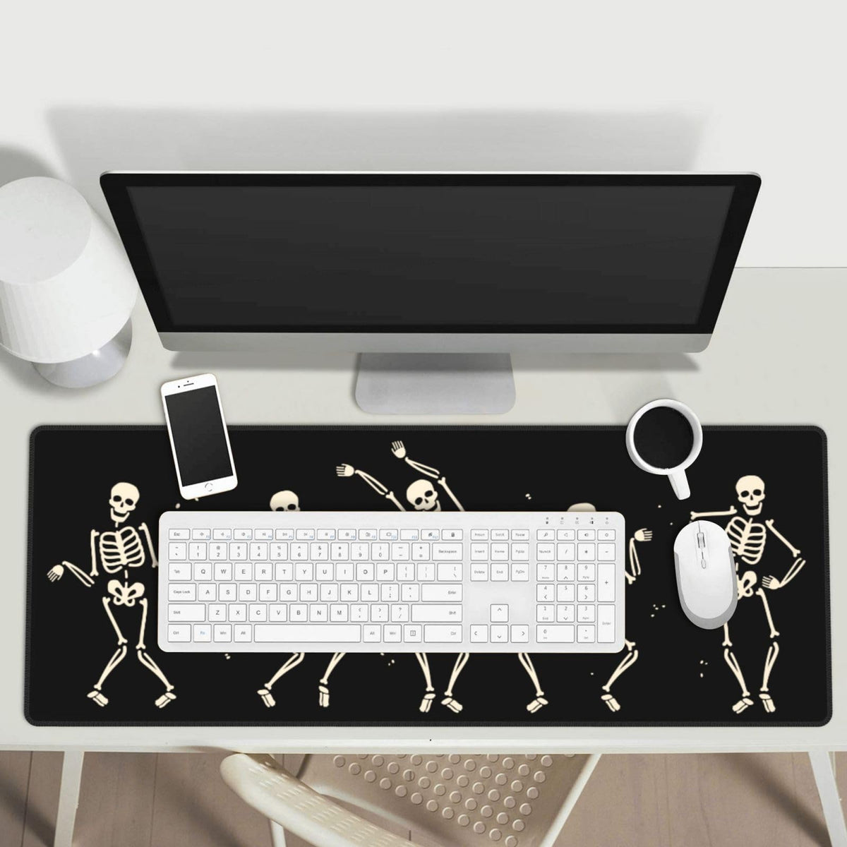 Dancing Skeleton Large Gaming Mouse Pad, Black Halloween Themed Extended Desk Mat with Non-Slip Base for Office & Home Decor 31.5 X 11.8 Inch