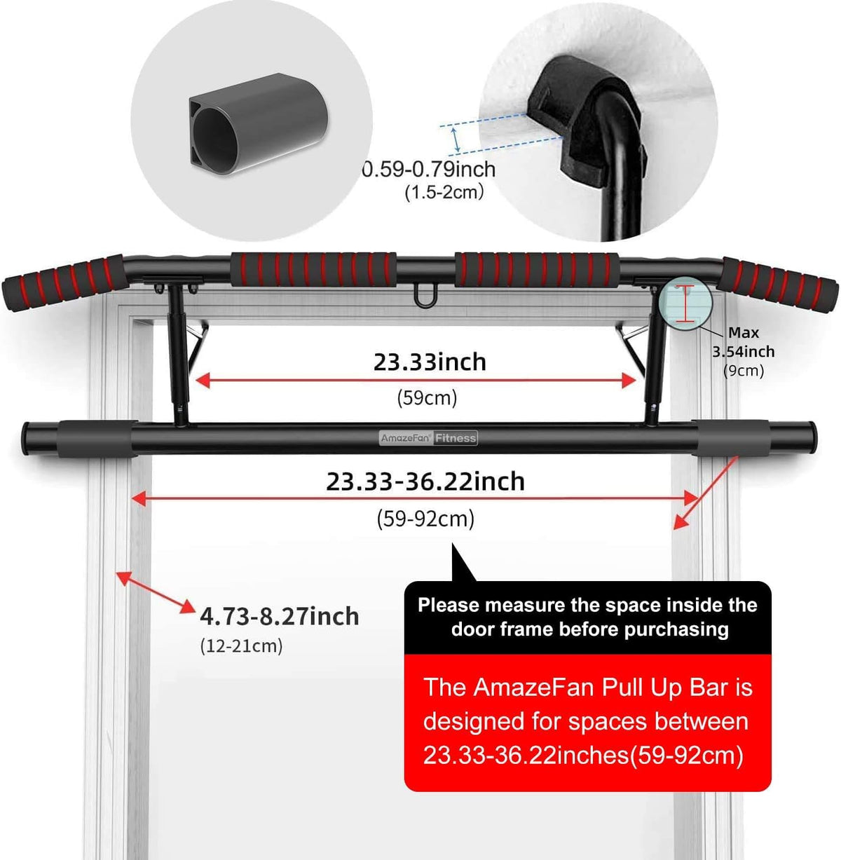 AmazeFan Pull Up Bar, Doorway Mount with Ergonomic Grip - Fitness Chin-Up Frame for Home Gym Exercise, 400 lbs Capacity, Alloy Steel, Foldable - Includes 2 Wrist Straps & Workout Guide