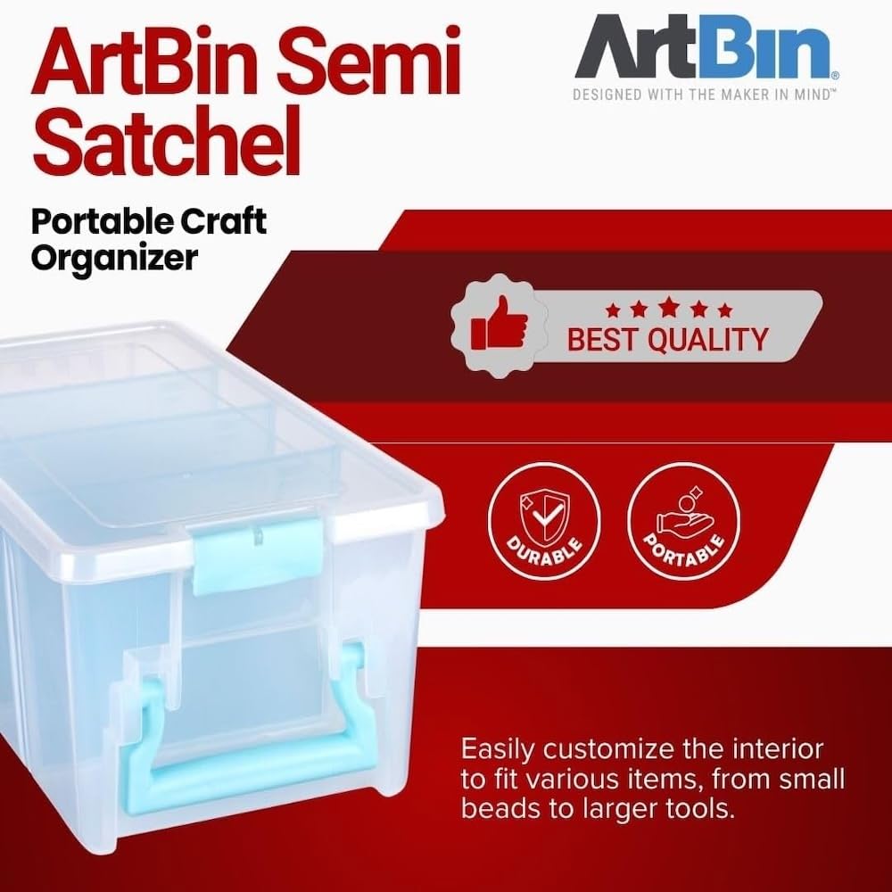 ArtBin 6925AA Semi Satchel with Removable Dividers, Portable Art & Craft Organizer with Handle, [1] Plastic Storage Case, Clear with Aqua Accents
