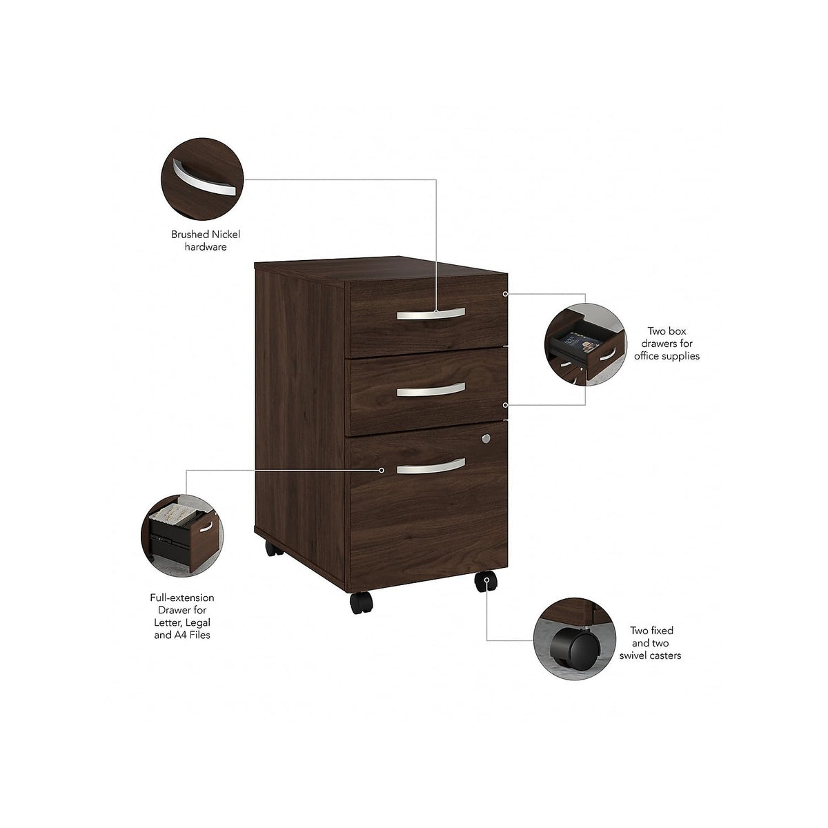 Bush Business Furniture Hybrid 3 Drawer Mobile File Cabinet-Assembled, Black Walnut