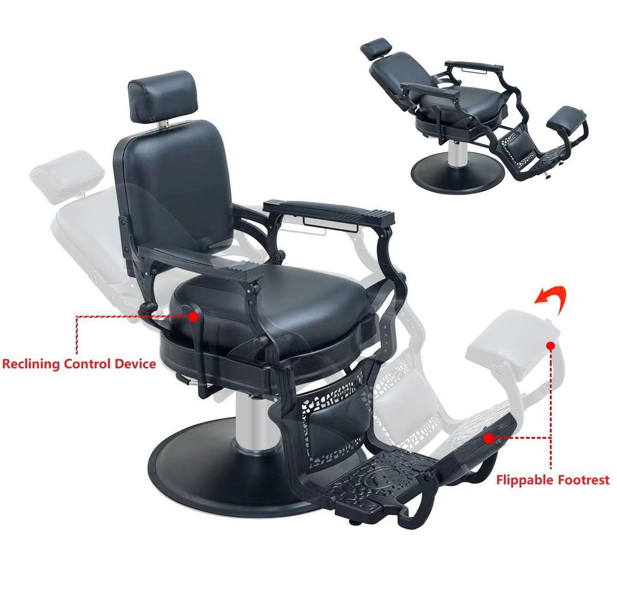 McDooFly Barber Chair Heavy Duty 700 lbs - Salon Chair for Hair Stylist - Black Reclining Barber Chairs for Barbershop - Salon Tattoo Shampoo Beauty Massage Equipment