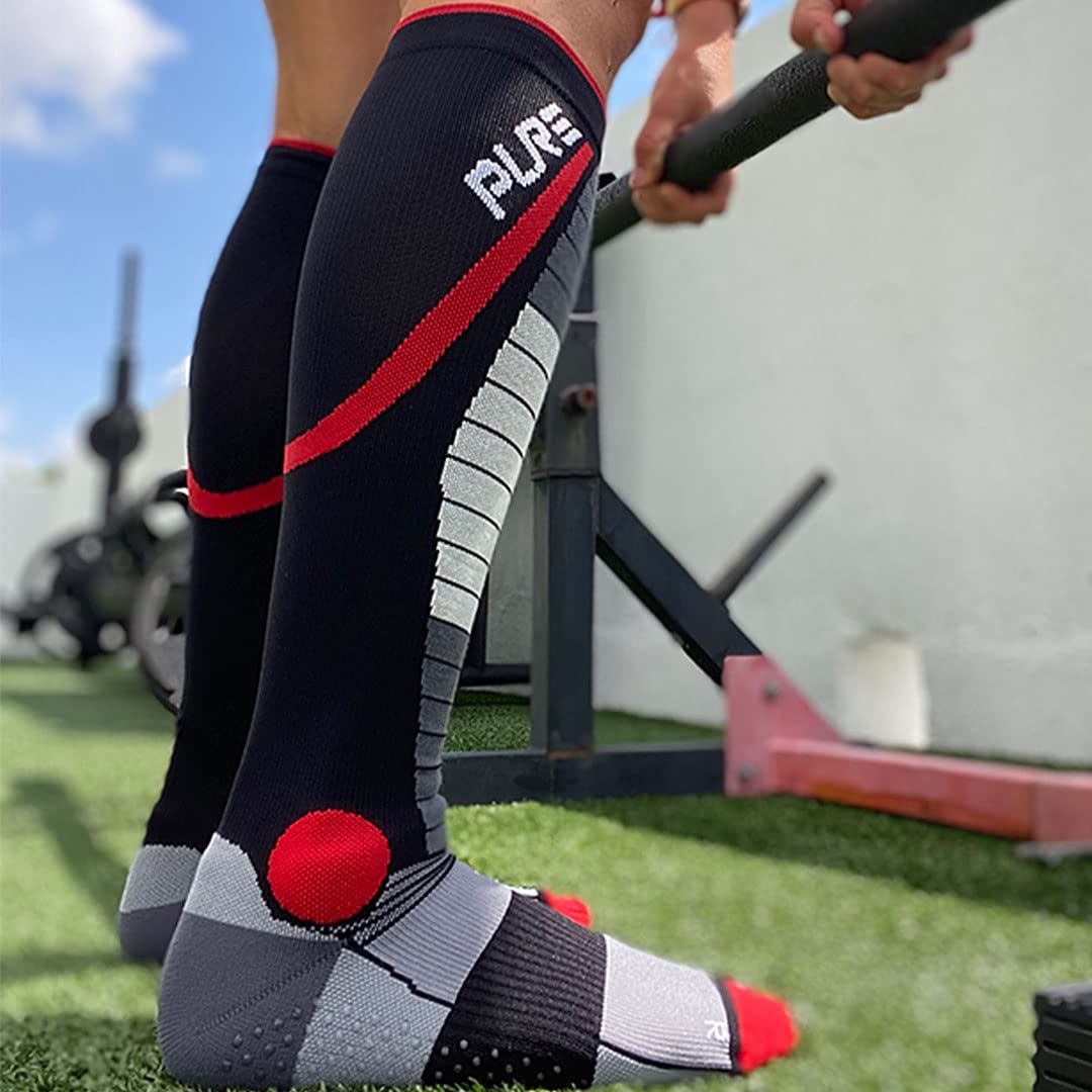Pure Athlete Lifting Socks- Weightlifting Shin Guards, Deadlift Protector Compression Sock for Cross Training & Weightlift (Black/Grey, X-Large)