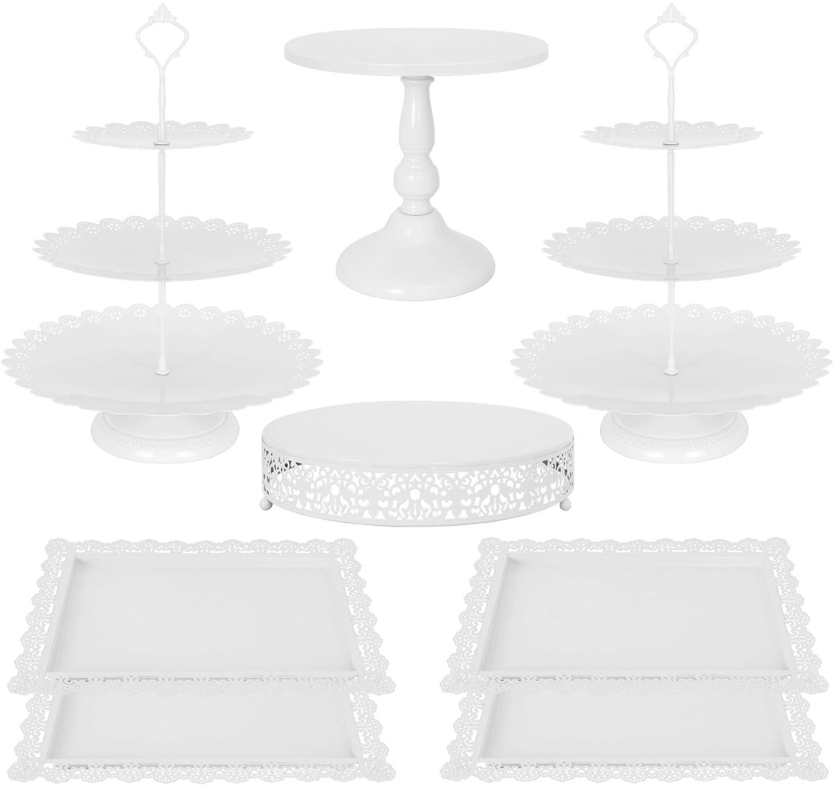 Fivenl 8 Pcs Cake Stand White Metal Dessert Table Display Set, 3-Tier Cupcake Stand, Cake Display Tower and Cookie Tray Rack Serving Tray for Birthday Party, Weddings, Baby Shower (White)
