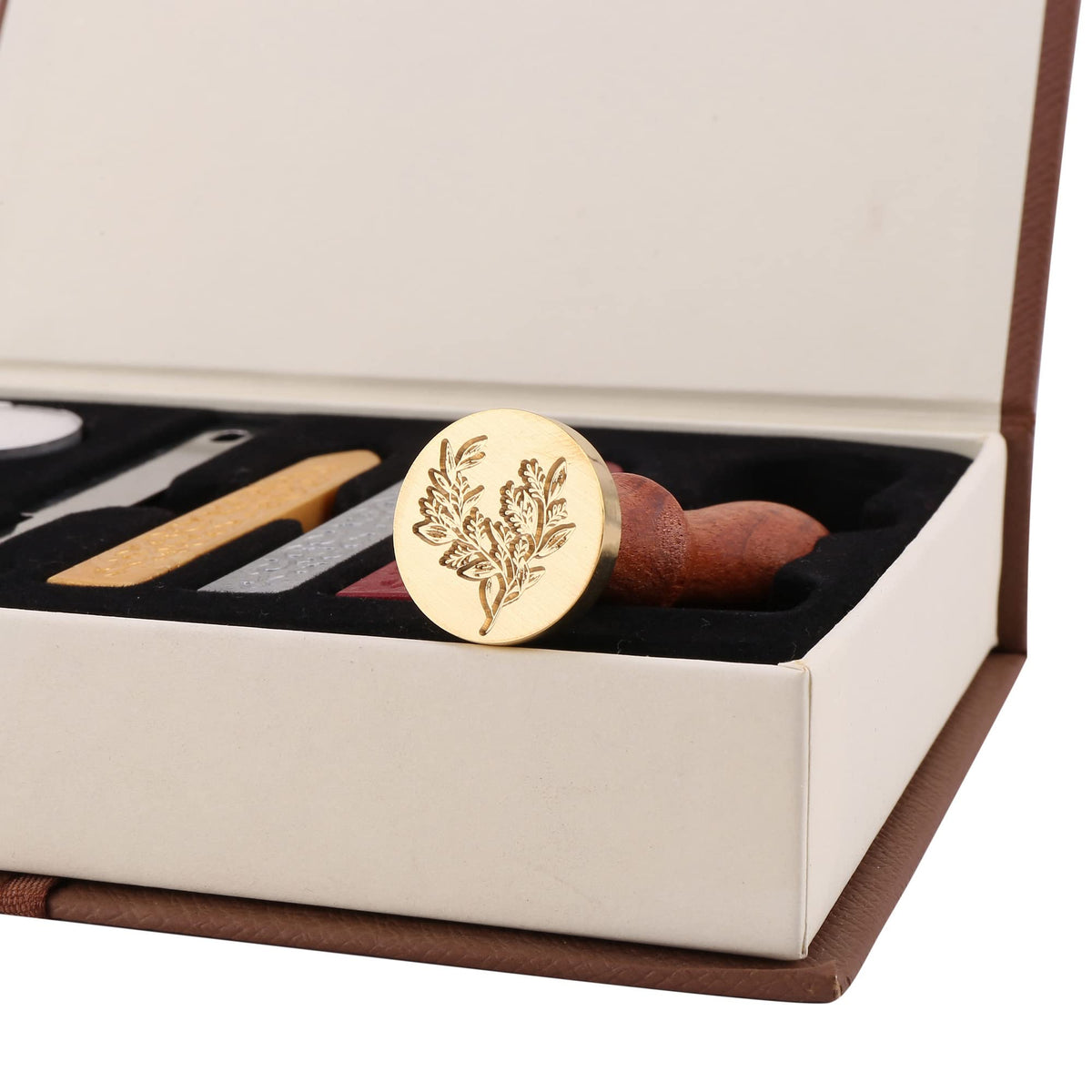 Yoption Wax Seal Stamp Kit, Eucalyptus Sealing Stamp with Gold Red Silver Sealing Wax Sticks Gift Box Set for Invitations, Cards, Letters, Gift Idea