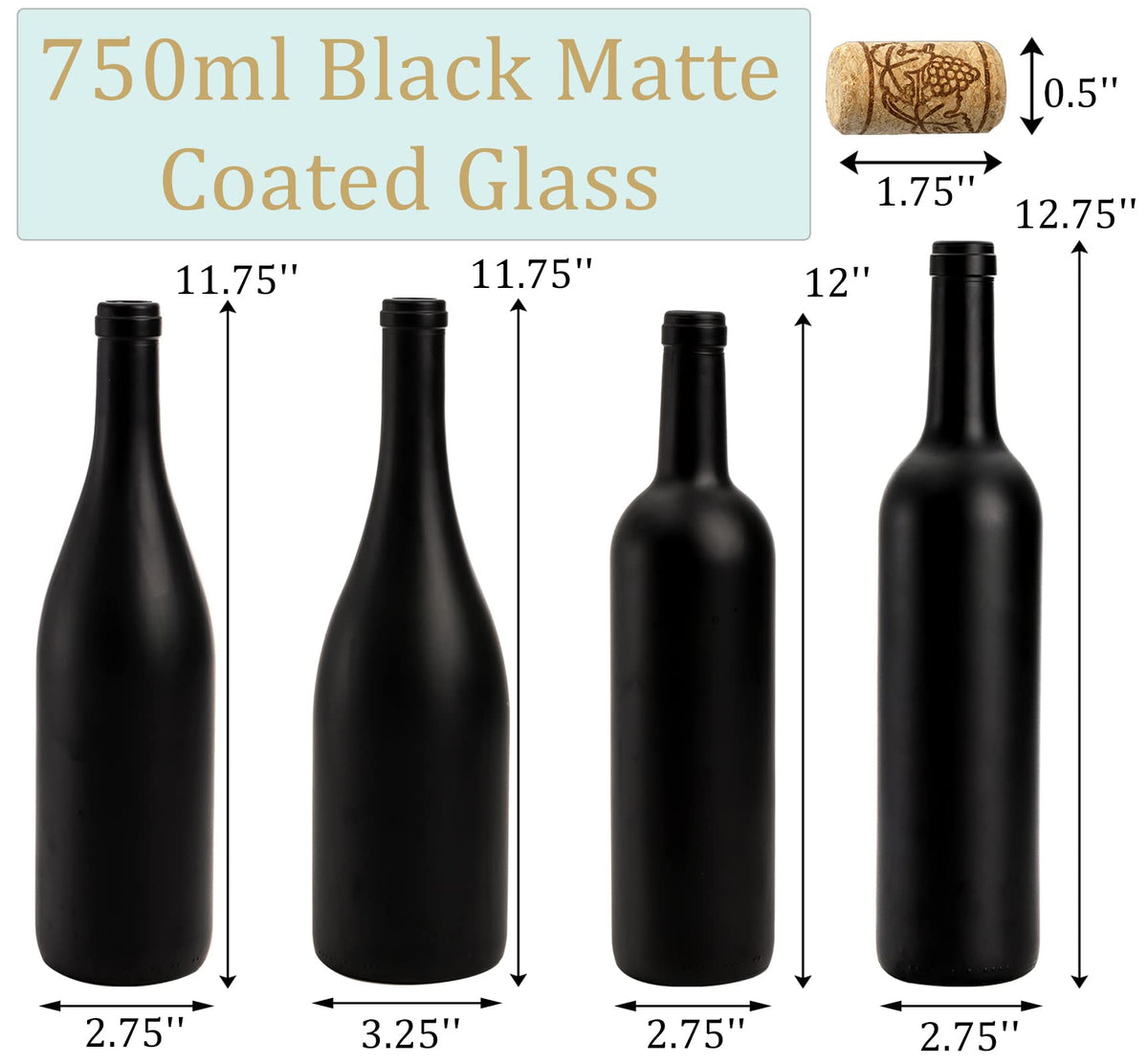 Yesland 4 Pack Empty 750ml Black Matte Coated Glass Wine Bottles with Cork - Bordeaux Style for Home Decor & Bottle Tree, 4 Sizes