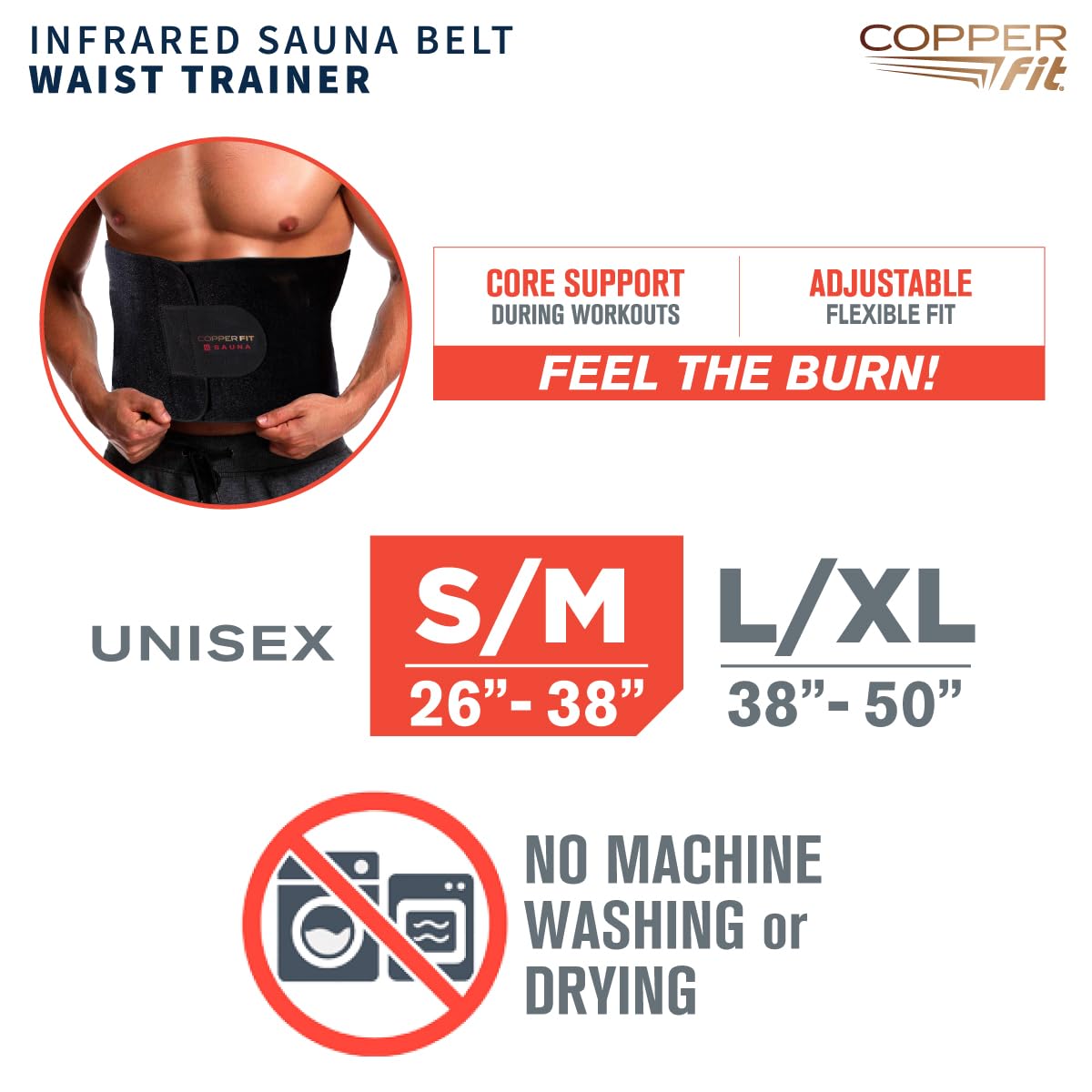 Copper Fit Infrared Sauna Belt – Waist Trainer for Men & Women – Increases Sweat & Supports Core – Adjustable Compression – Copper-Infused (Black, LXL)