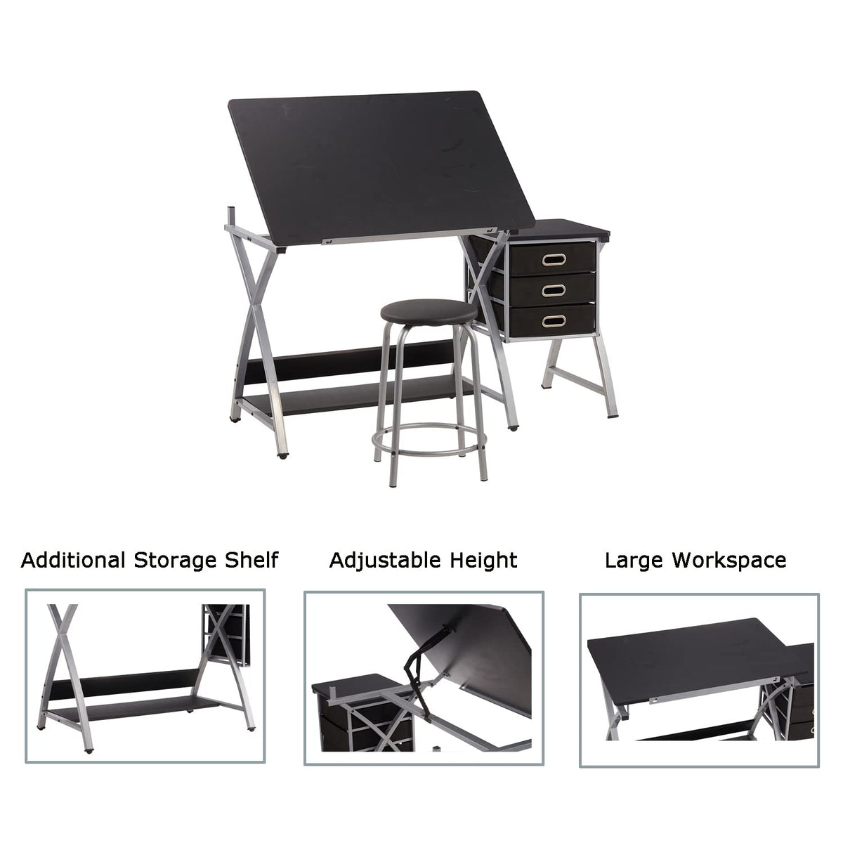 Adjustable Drafting Table for Artists with Stool, Sturdy X-Cross Metal Frame Drawing Table with Storage Drawers, Art Desk with Tilted Tabletop, Craft Station Writing Computer Desk, Black