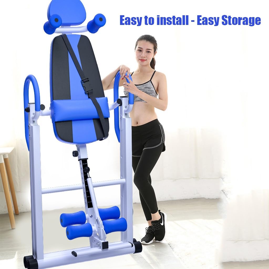 RIEJIN Gravity Heavy Duty Inversion Table with Headrest & Adjustable Protective Belt Back Stretcher Machine for Pain Relief Therapy(Color:Blue)