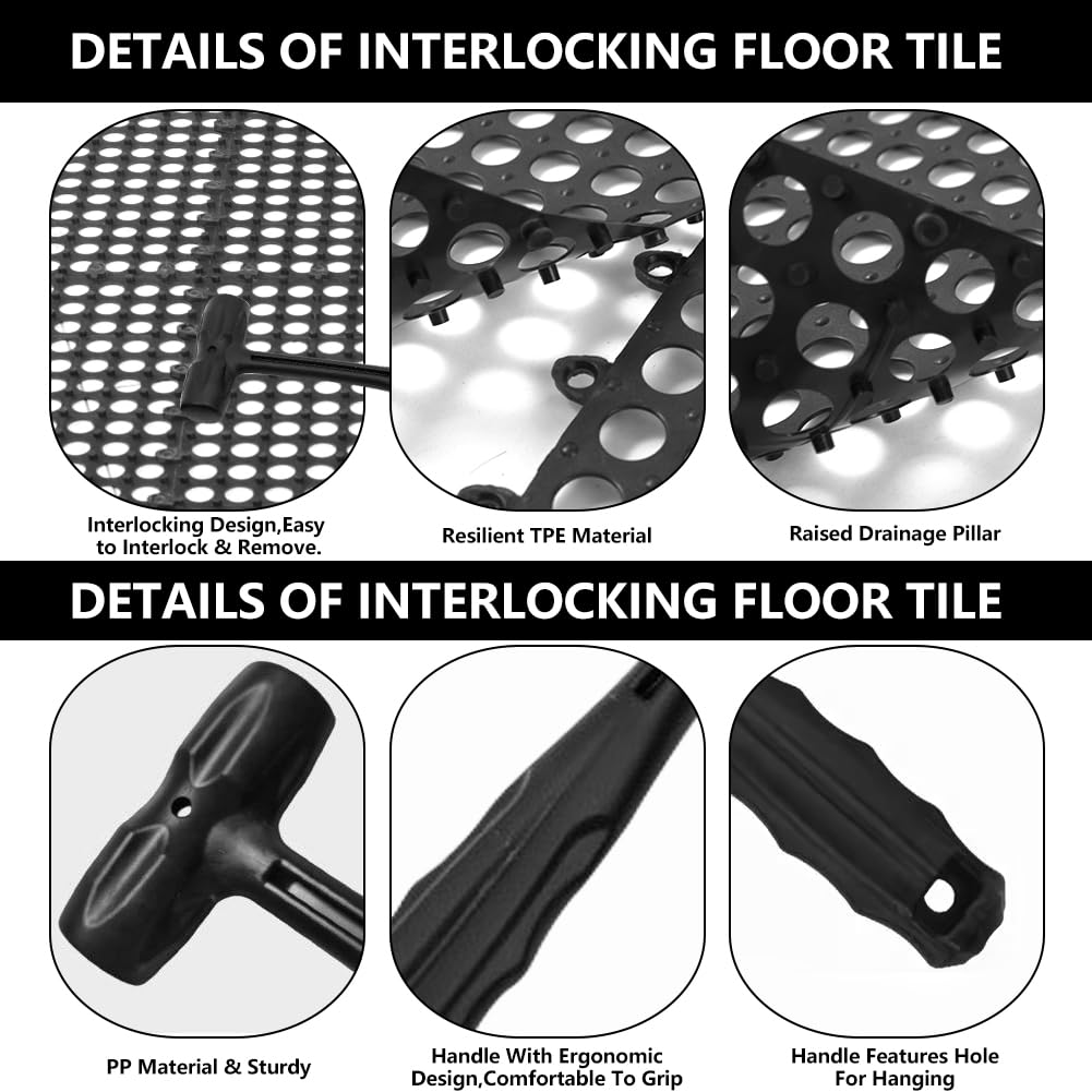 Interlocking Floor Tiles 12x12 Inch, 12 Pack Soft PVC Non-Slip Drainage Tiles with Holes for Bathroom, Pool Deck, Gym, Garage, Kitchen & Wet Areas, Easy Splicing Anti-Fatigue Mat, Black (12 Pack)