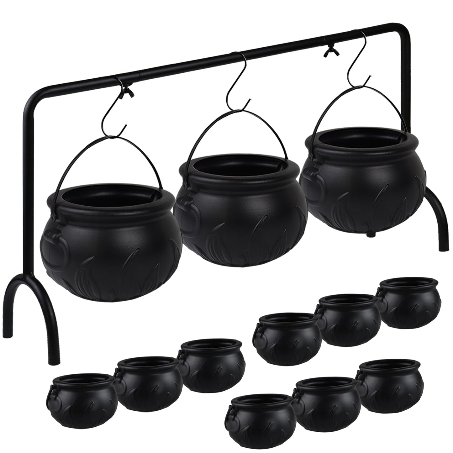 Zimati Cauldron Halloween Table Decor, 12 Pcs Large and Mini Black Plastic Hanging Cauldrons Serving Set, Spooky Witches Cauldron Candy Serving Bowls for Indoor Home Hocus Pocus Party Decorations