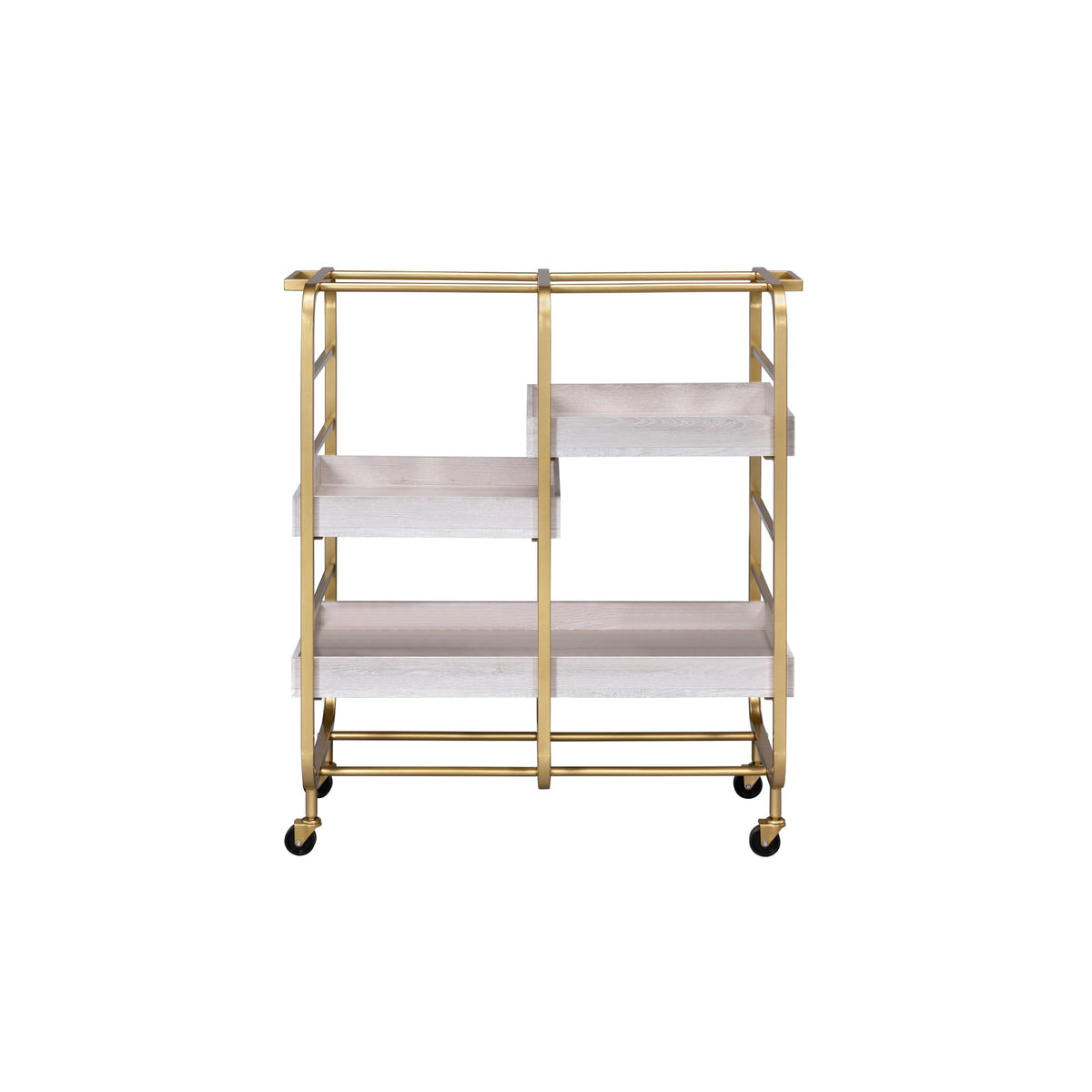 roomfitters Vorrik Gold and White Washed Serving Cart, Glamorous 3-Tier Hollywood Regency Rolling Trolley, 3 Adjustable White Washed Wood Trays