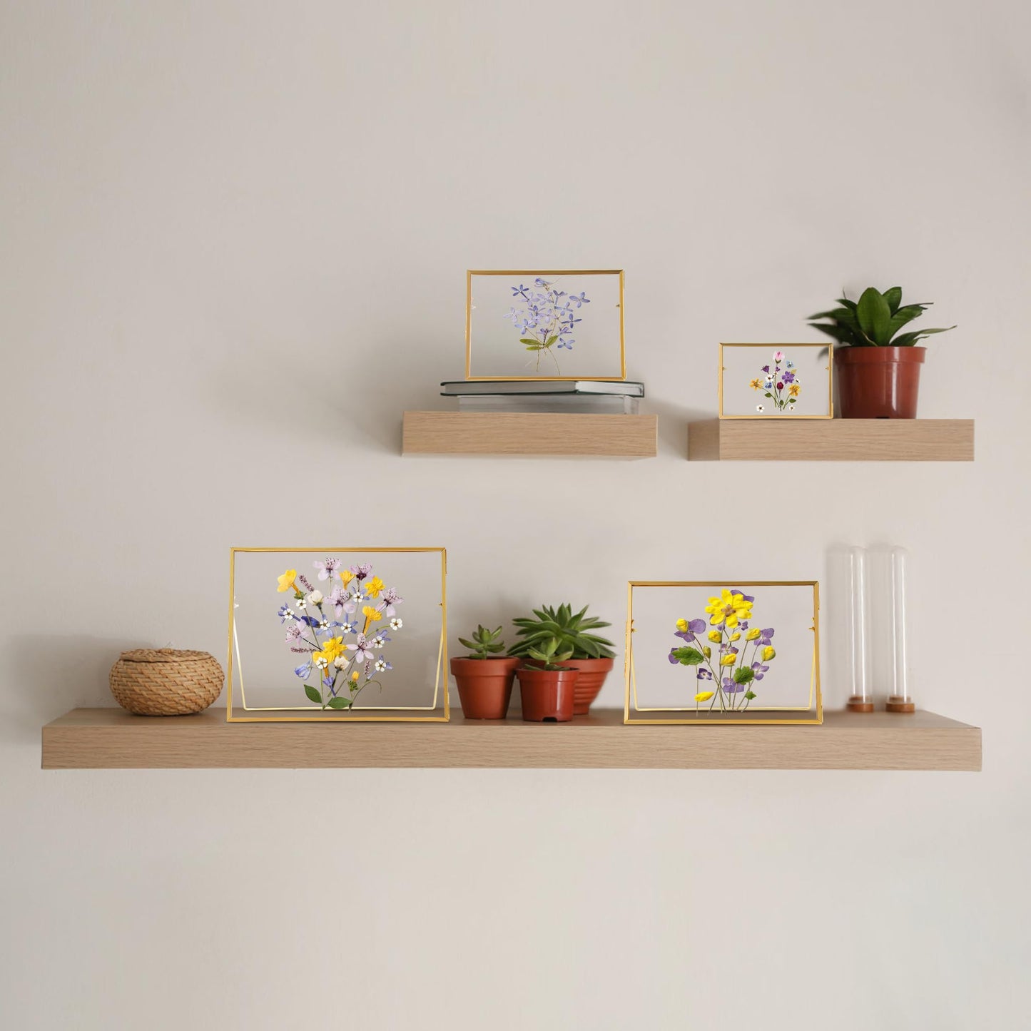 REDHUGO Glass Pressed Flower Frame Handmade, Glass Floating Picture Frames Tabletop Brass Photo Frame for DIY Dried Flowers Home Plant Specimen, Rectangle Horizontal 5×7 inches,Gold (FRAME ONLY)