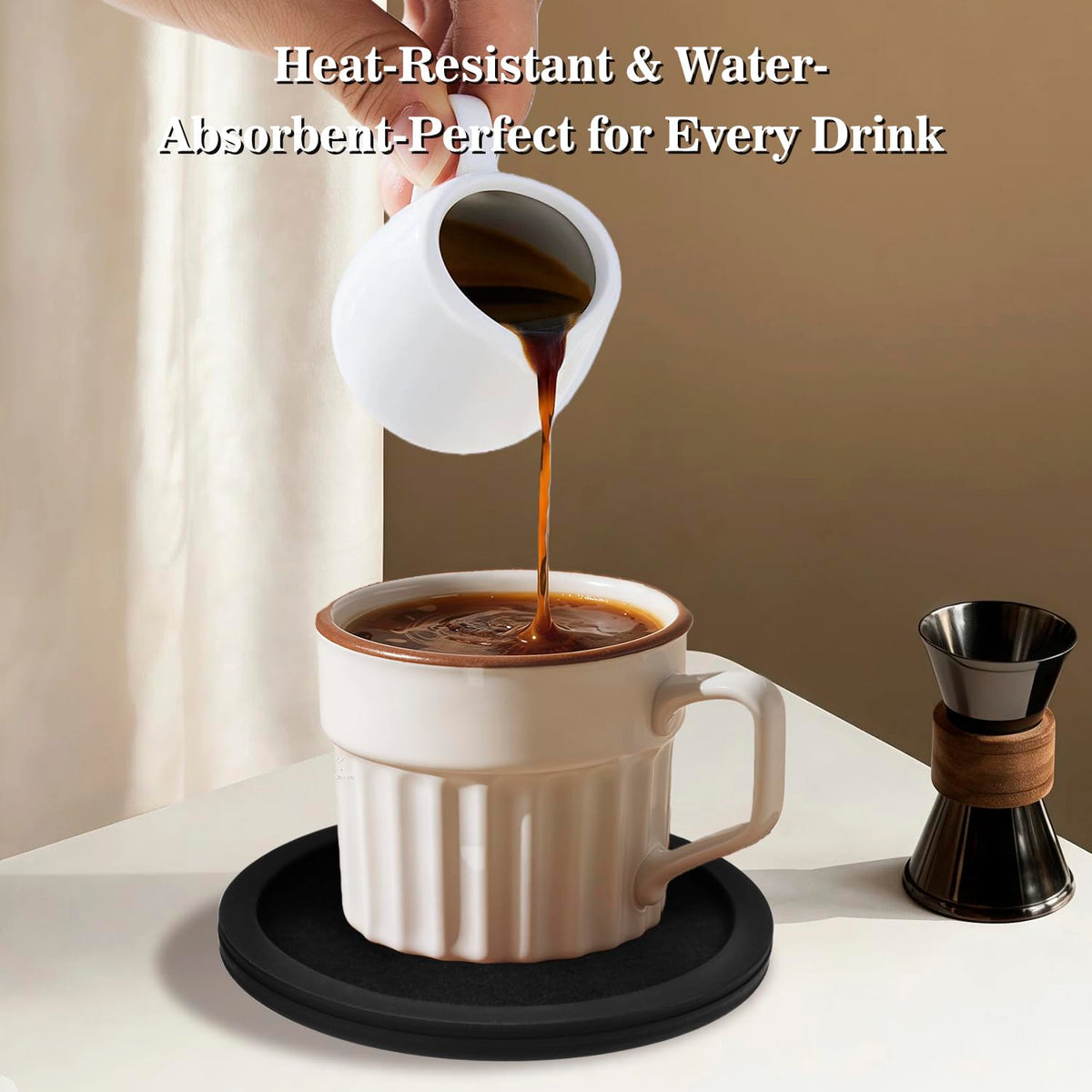 Sleek Absorbent Coasters with Holder – Silicone Cup Mat with Removable Felt Insert Non-Slip, Non-Stick, for Coffee Tables, Kitchen Décor – Set of 6 Coasters (Black)