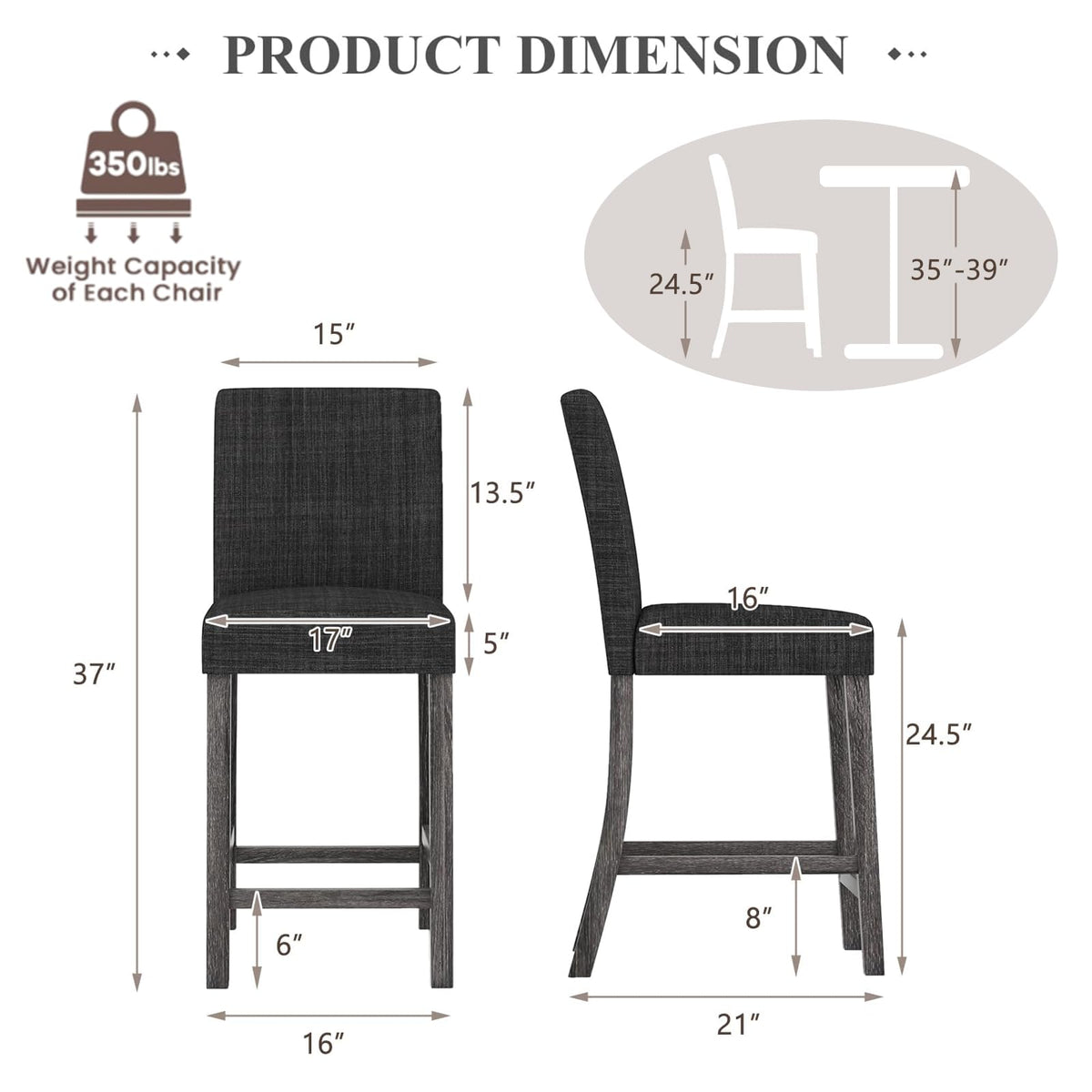 ERGOMASTER Counter Height Bar Stools Set of 6, 24.5'' Fabric Upholstered Barstools Mid Century Modern Island Bar Chairs with Back for Kitchen, Dining Room, Bar, Restaurant, Charcoal Grey
