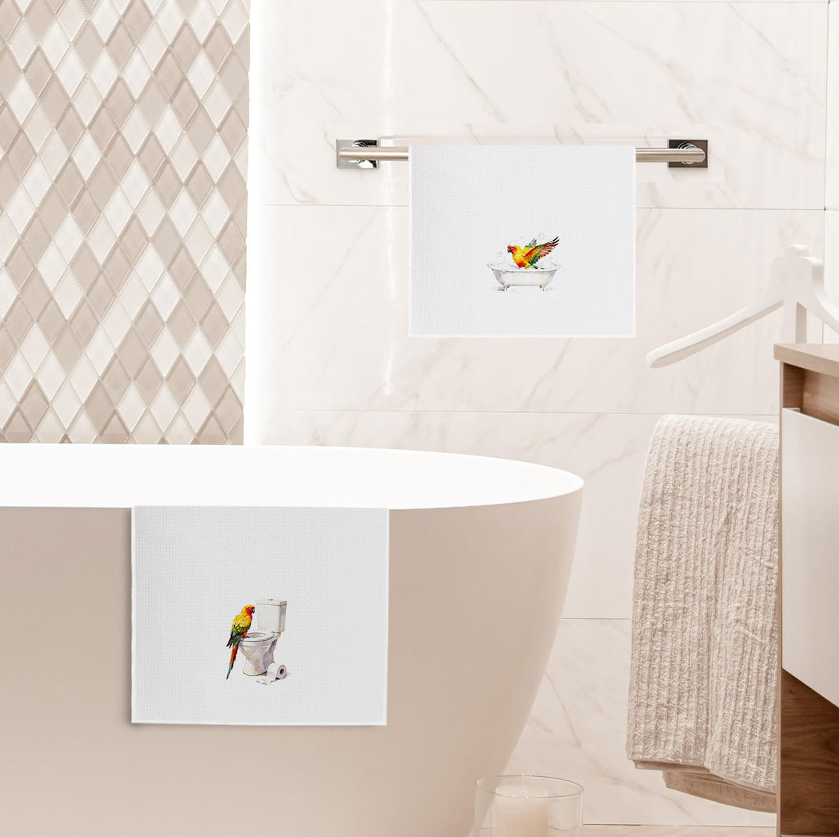 XIVENHAVM Funny Bird Bathroom Decor Set - Parrot Gifts Decorative Waffle Hand Towels for Bathroom Decor, Bird Lover Gifts Hand Towels, 16x24 Inch Set of 2
