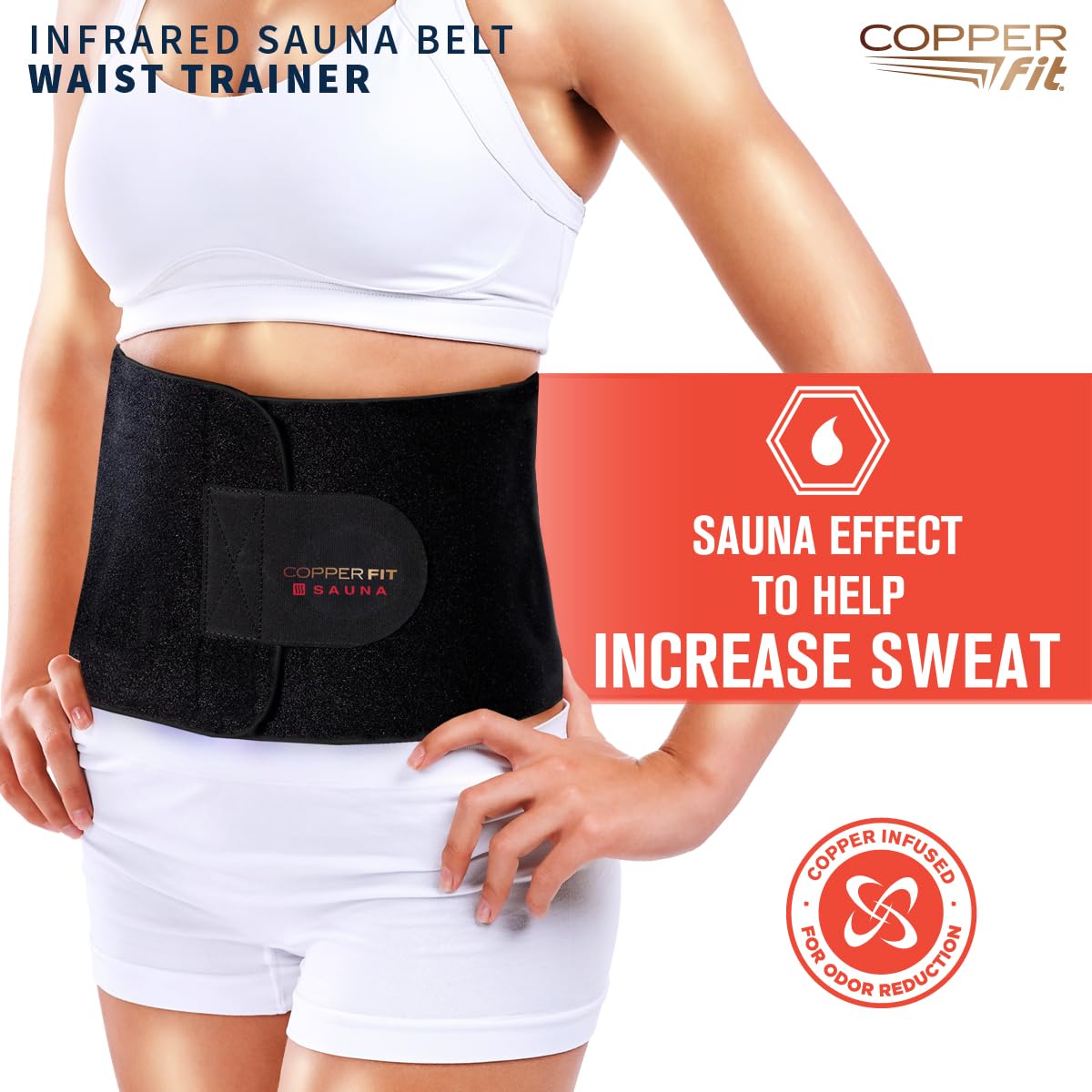 Copper Fit Infrared Sauna Belt – Waist Trainer for Men & Women – Increases Sweat & Supports Core – Adjustable Compression – Copper-Infused (Black, LXL)