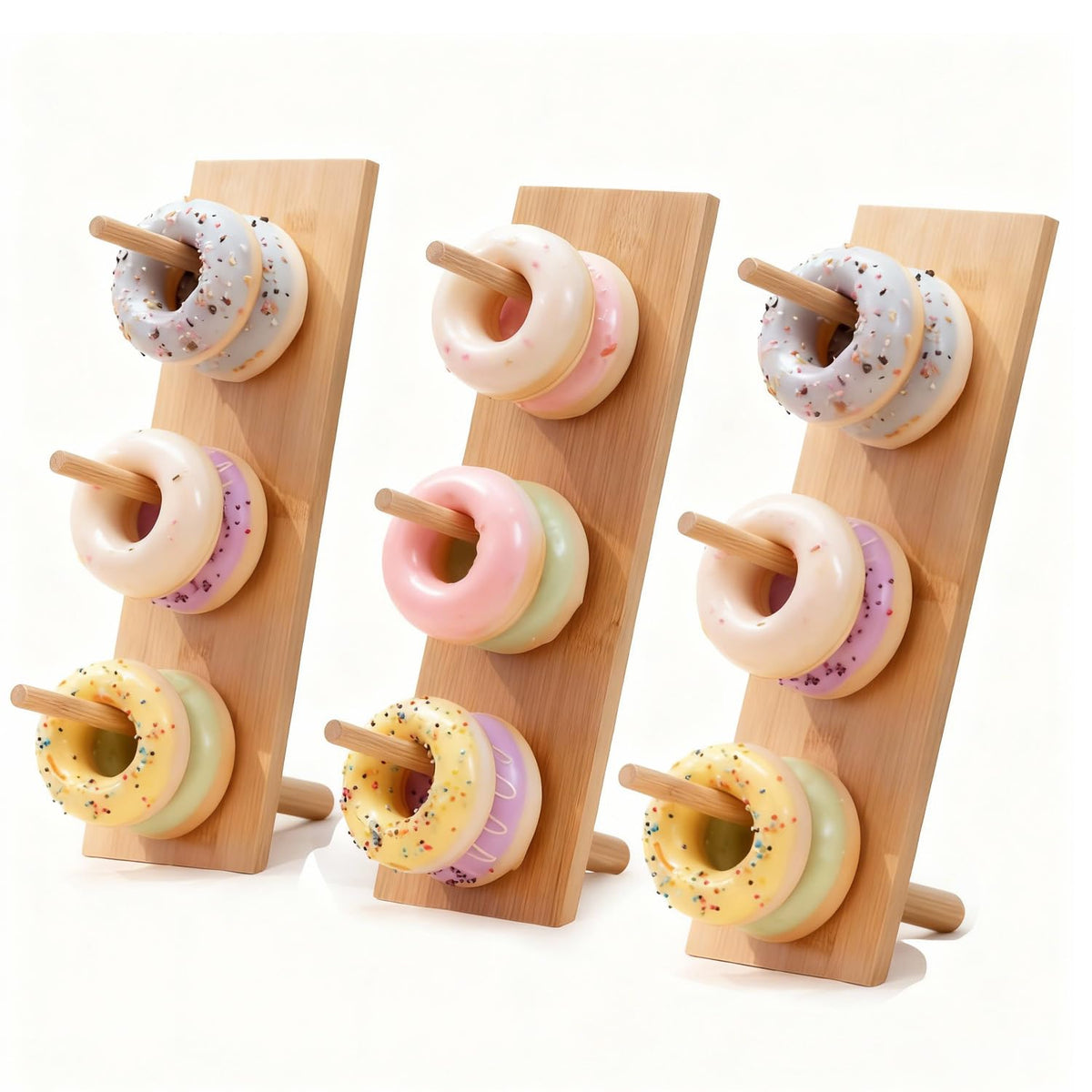 Christmas Gift Bamboo Donut Wall Stand (Pack of 3) - Wooden Doughnut Display Stand for Christmas Party, Birthday, Wedding, Dessert Table Decoration