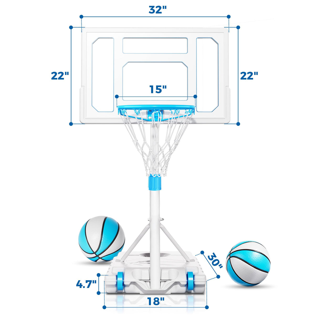 BACKYARD BLITZ Pool Basketball Hoop, 32in Portable Swimming Basketball Hoop for Pool, Stainless Steel Rust-Proof Basketball Goal Set Outdoor/Indoor