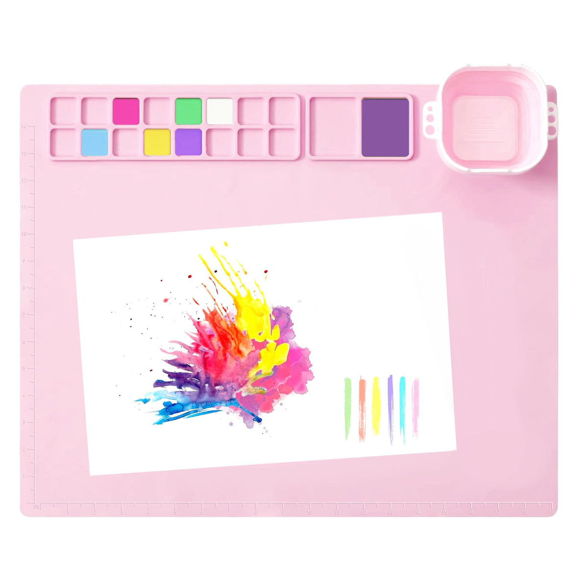 MEKOTRIN Silicone Painting Mat, 20"X16" Art Mat with Cup and Palettes, Silicone Craft Mat has 16 Color Dividers, Paint Mat for Artist Clay DIY Creations(Pink)