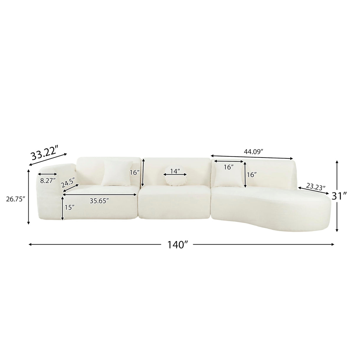 Merax 140" Curved Polyester Sectional Sofa Set, Modern Cloud Couch with Chaise Lounge & 3 Pillows, Fully Assembled for Living Room, Beige