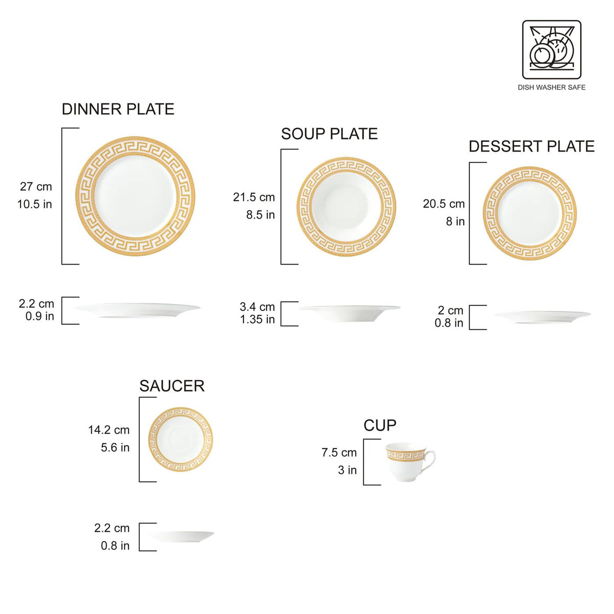 HOMEHUT 120-Pieces Vintage Gold Dinnerware and 18/10 Premium Stainless Steel Silverware Flatware Set - Greek Key Gold HQ Fine China Tableware Service for 12 People