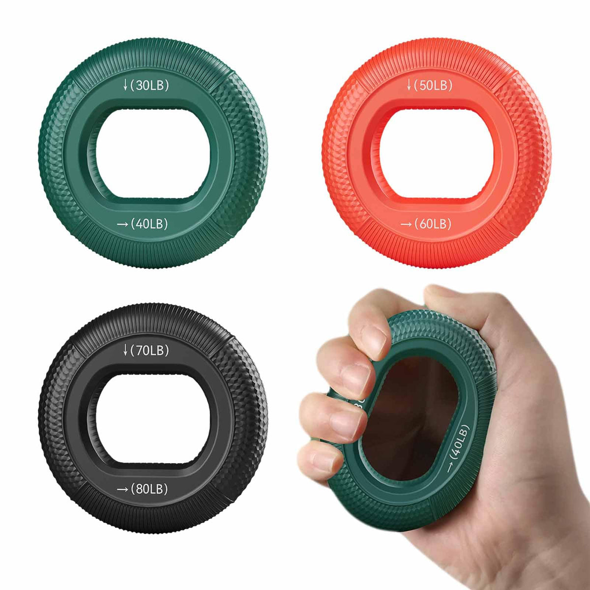 Grip Strength Trainer (30-80lbs) - 6 Resistance Levels, 3PCS Silicone Hand Grip Strengthener Rings for Rock Climbing, Athletes, Finger Workout & Stress Relief - Double Force Design (3 colors)