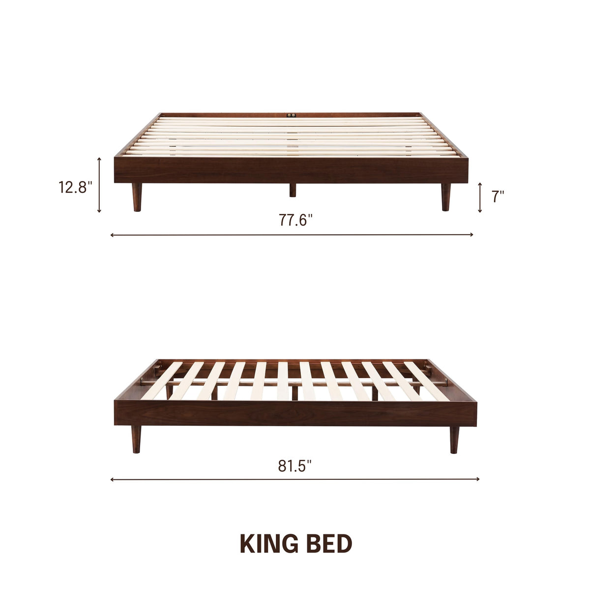 NTC Fly Wooden Bed Frame Without Headboard, Crafted from Walnut, Rubber Wood with Silent Slats and Wood Central Supports, 1000 Lb Capacity, Effortless Assembly, King - Dark Walnut