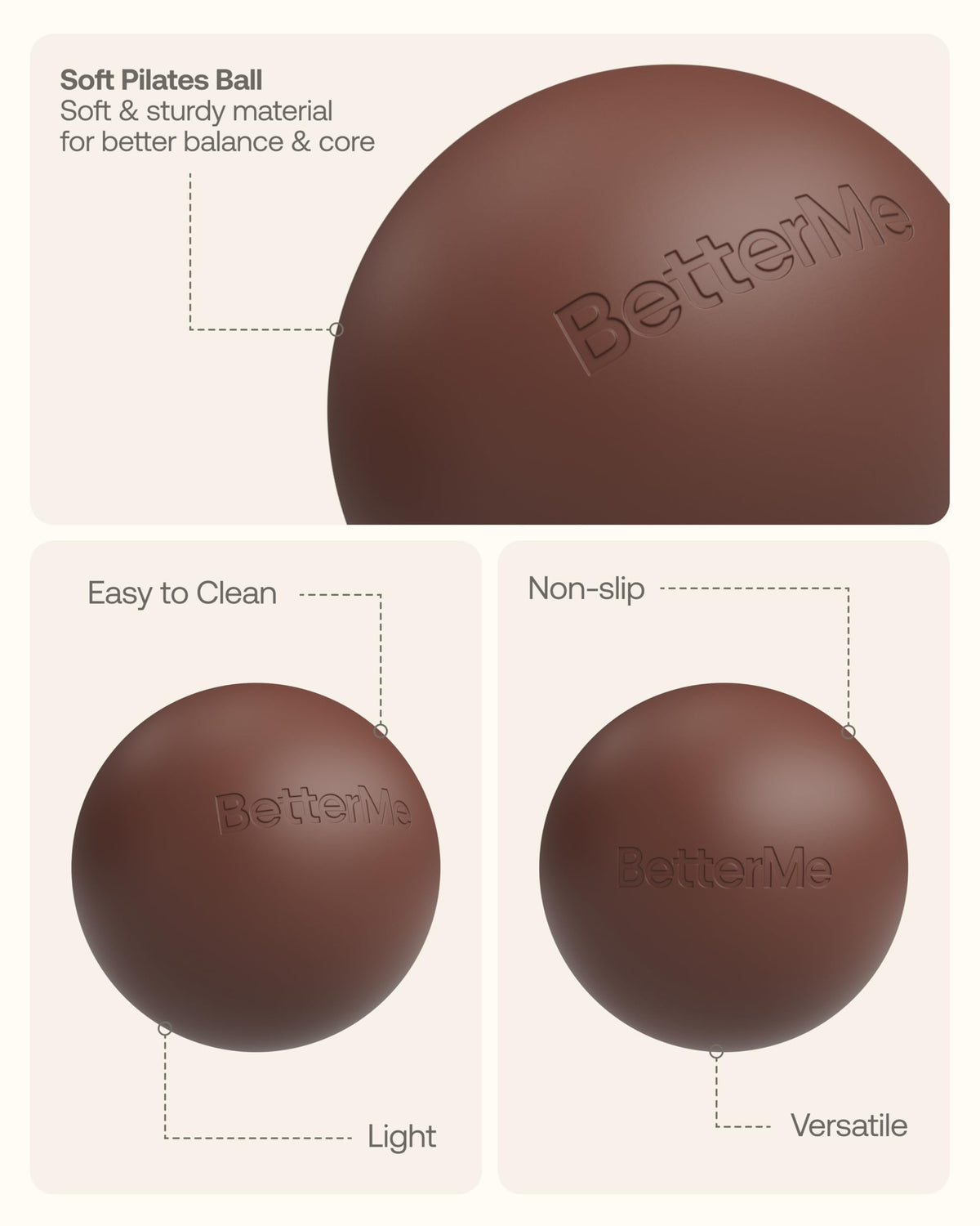 BetterMe Soft Pilates Ball – 8 Inch Mini Exercise Ball for Pilates, Yoga & Core Training – Small Stability Ball for Women – Portable Workout Tool (Chocolate Brown)